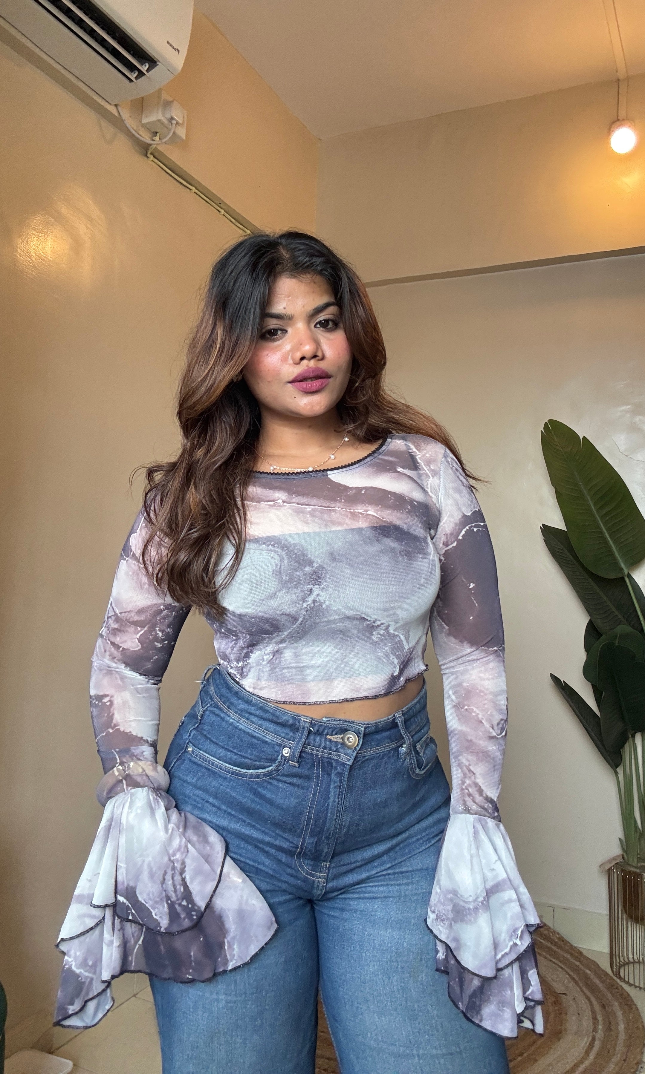 Marble Printed Frill Sleeve Mesh Top