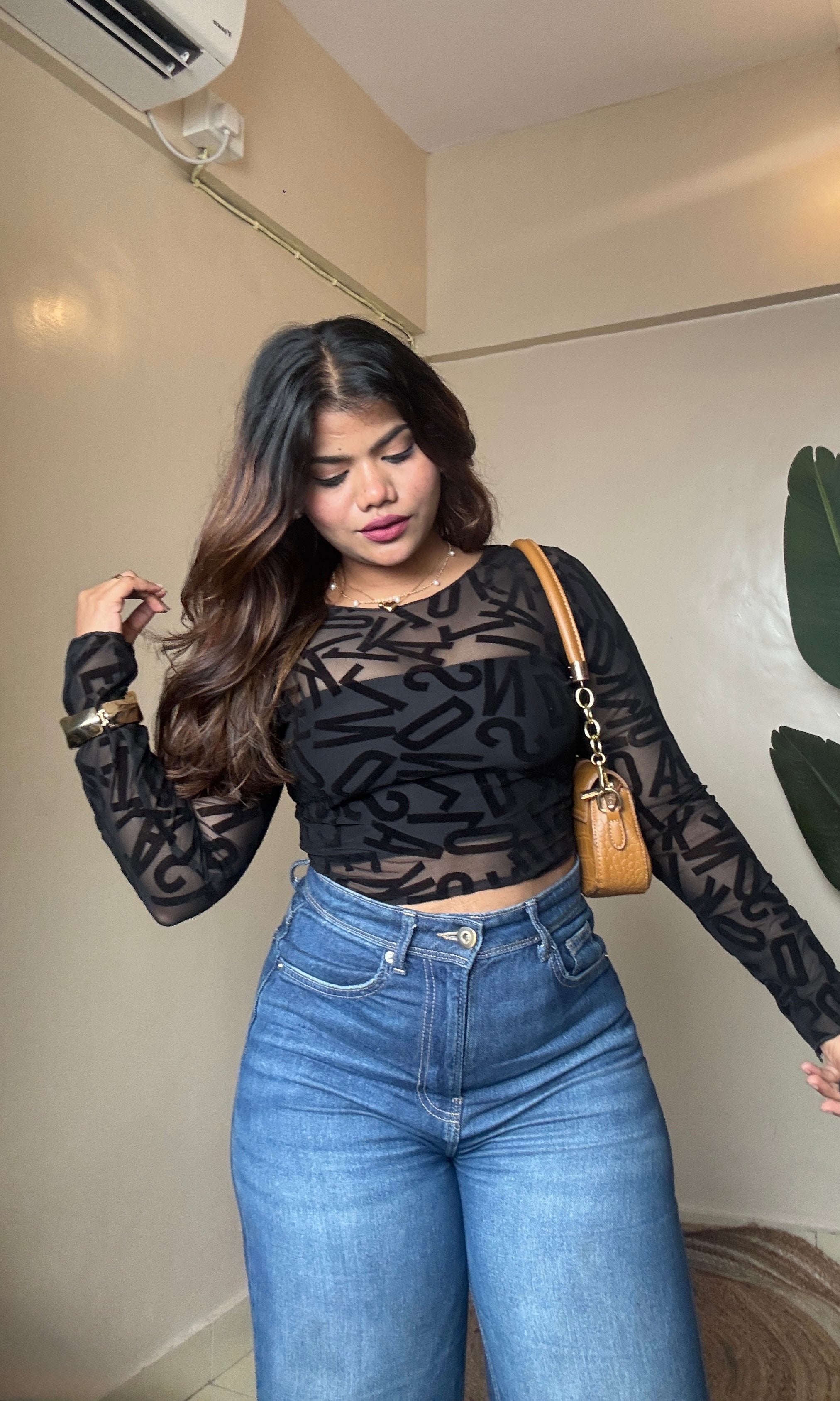 Alphabet Velvet Work Mesh Top With Inner