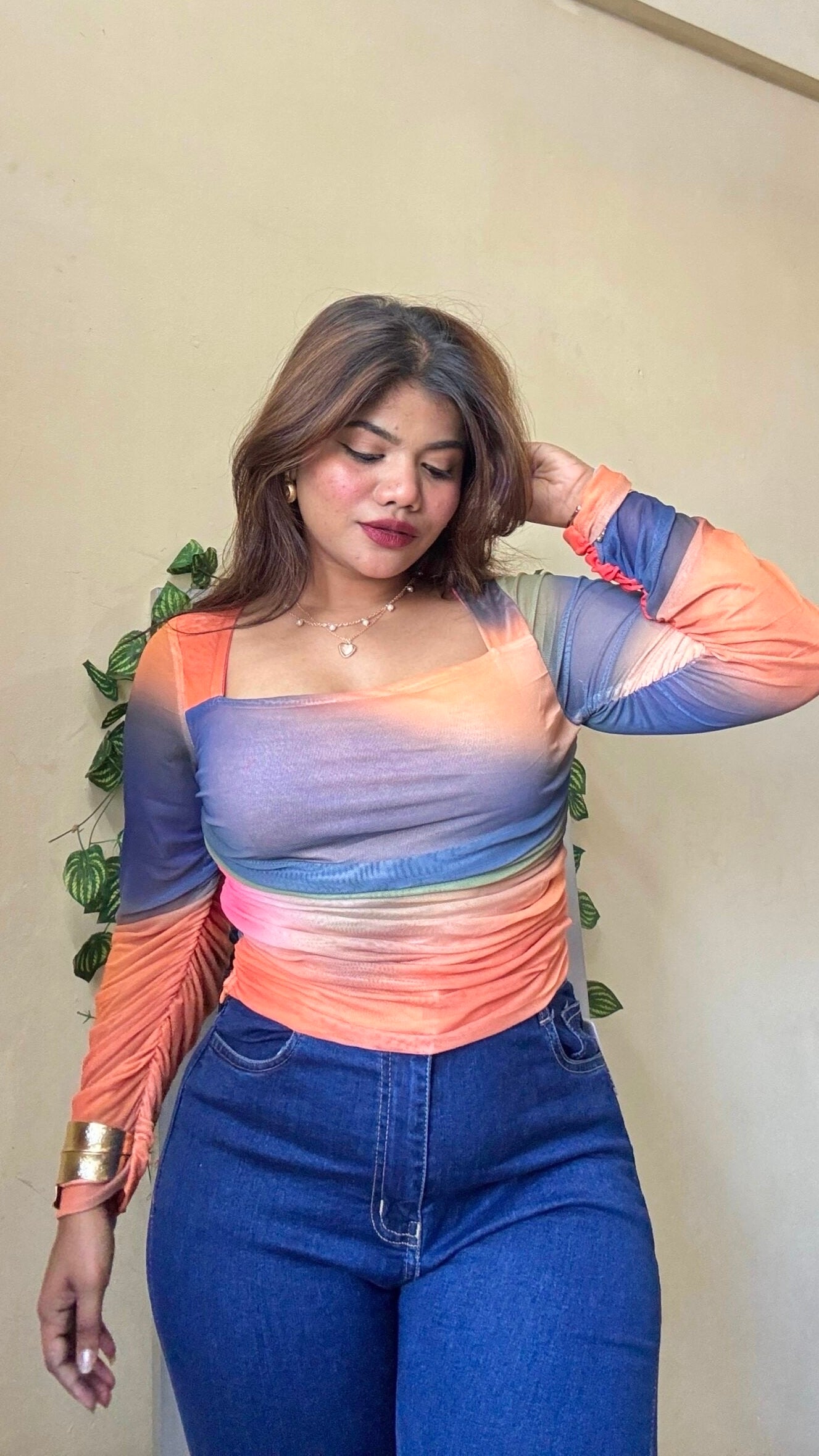 Multi-Coloured Marble Print Ruched Mesh Top