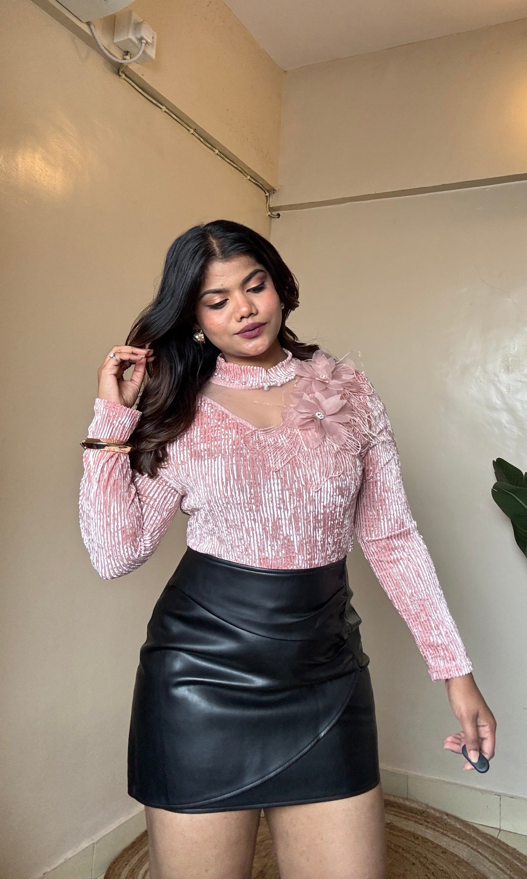 Velvet Flower-Work Mesh Detailing Top