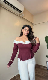 Ruffle Off Shoulder Top With Metallic Rose Broch