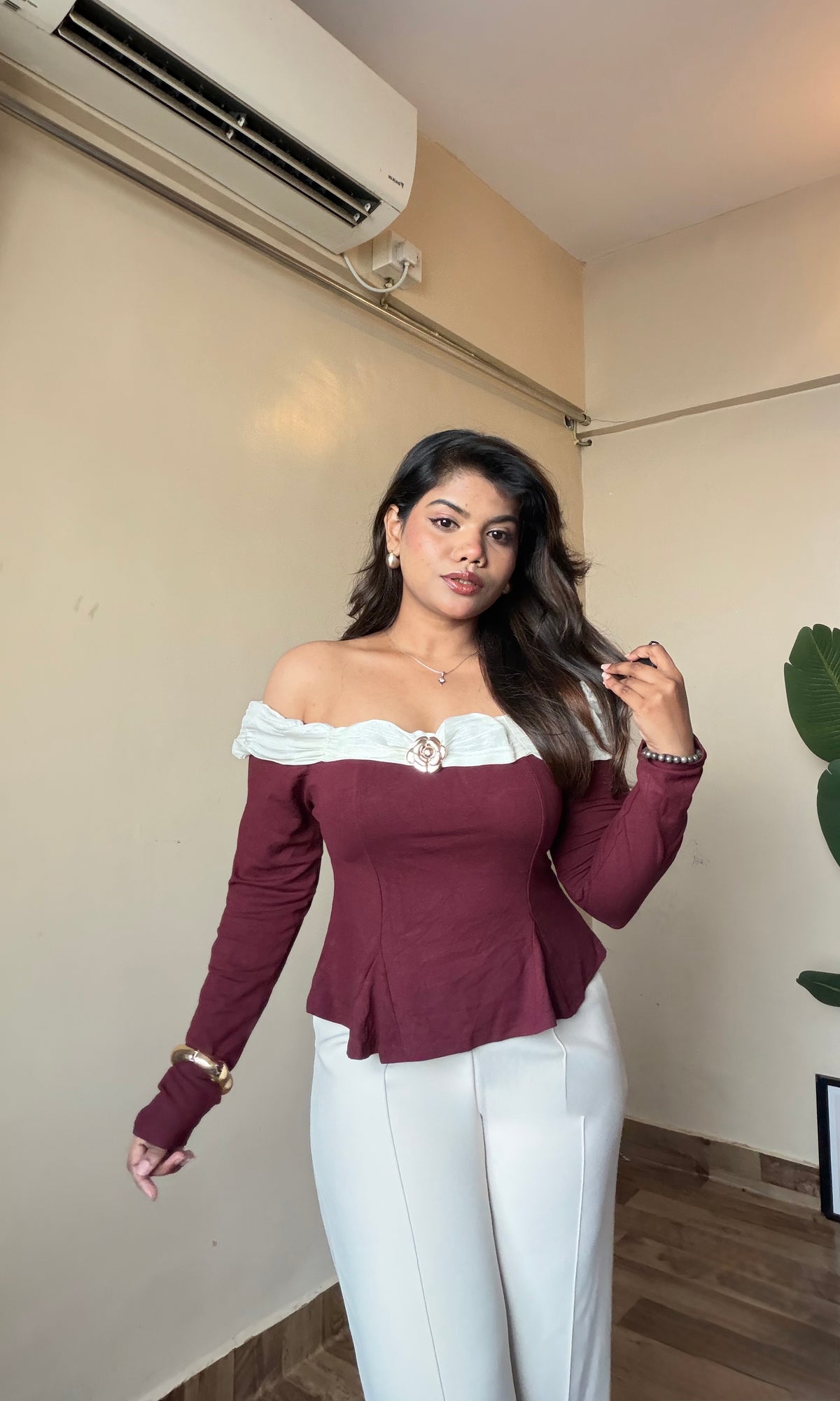 Ruffle Off Shoulder Top With Metallic Rose Broch