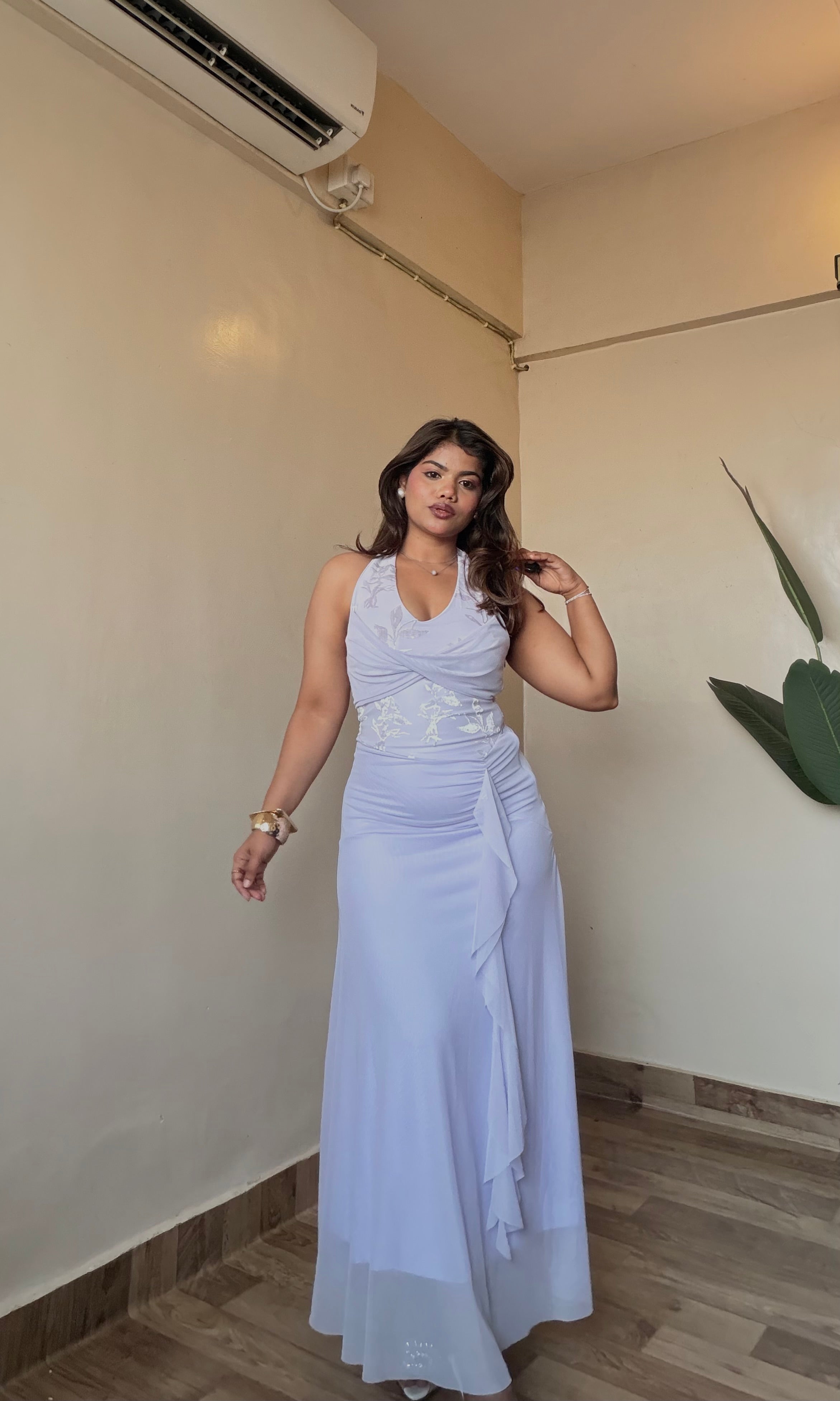 Ruched V Halter Neck Mesh Dress