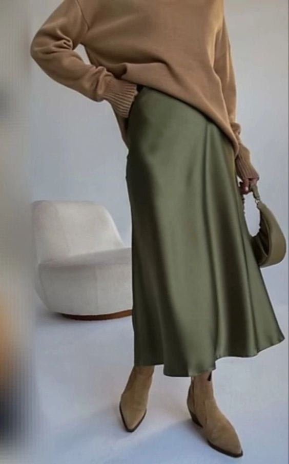 Premium Olive Green Satin Skirt