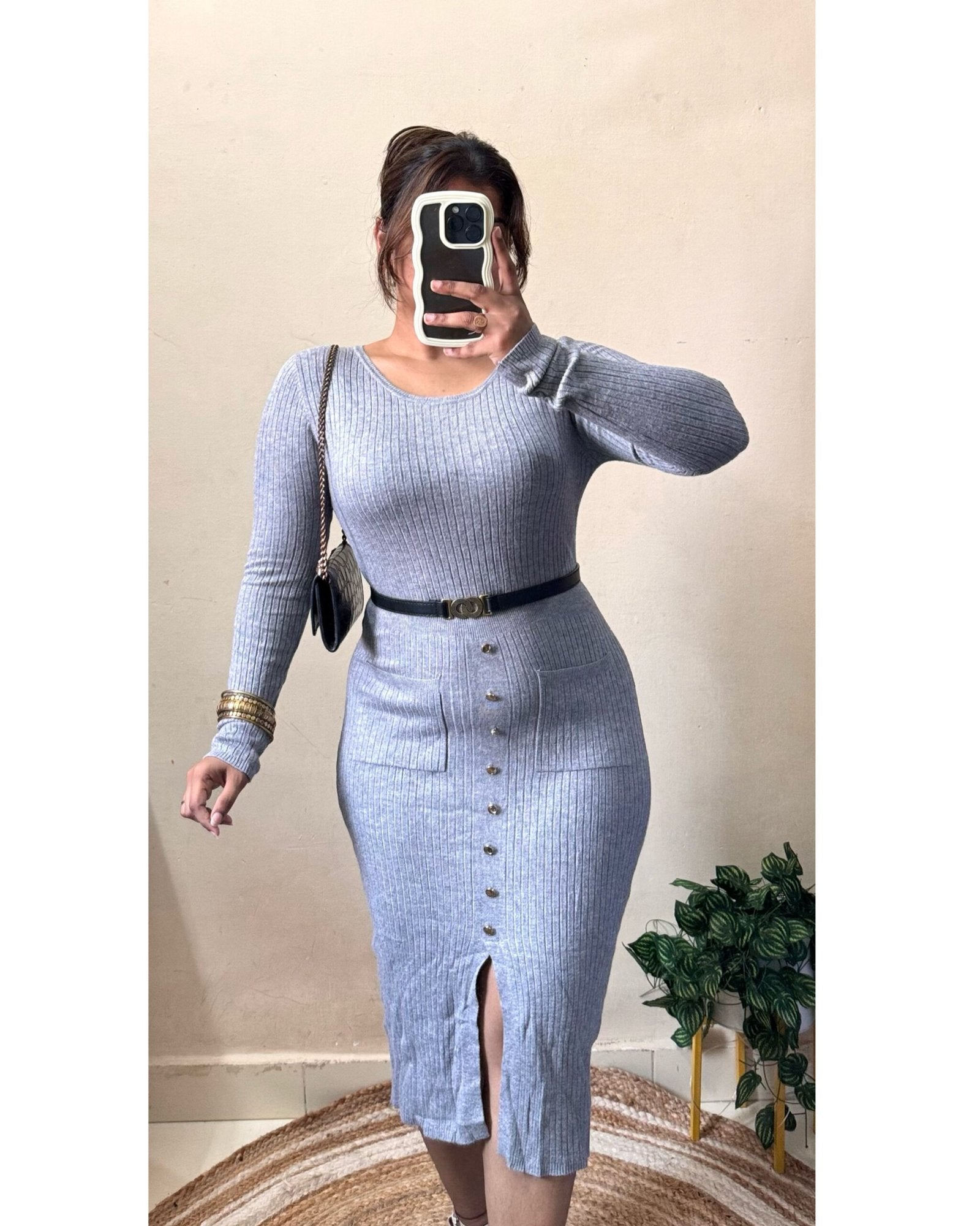 Grey Bodycon Dress With Belt