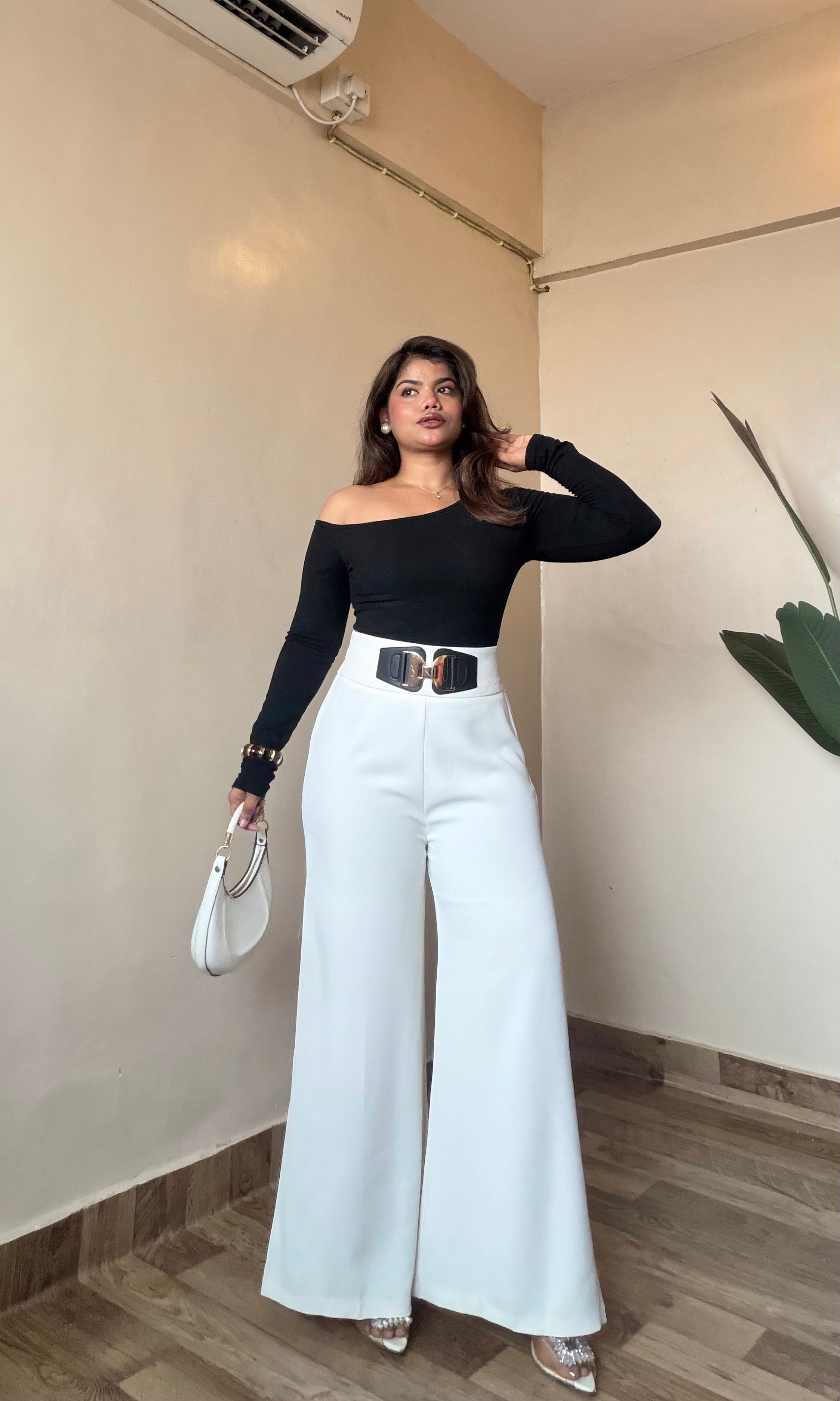 Premium White Buckle Detailing Wide Leg Trouser