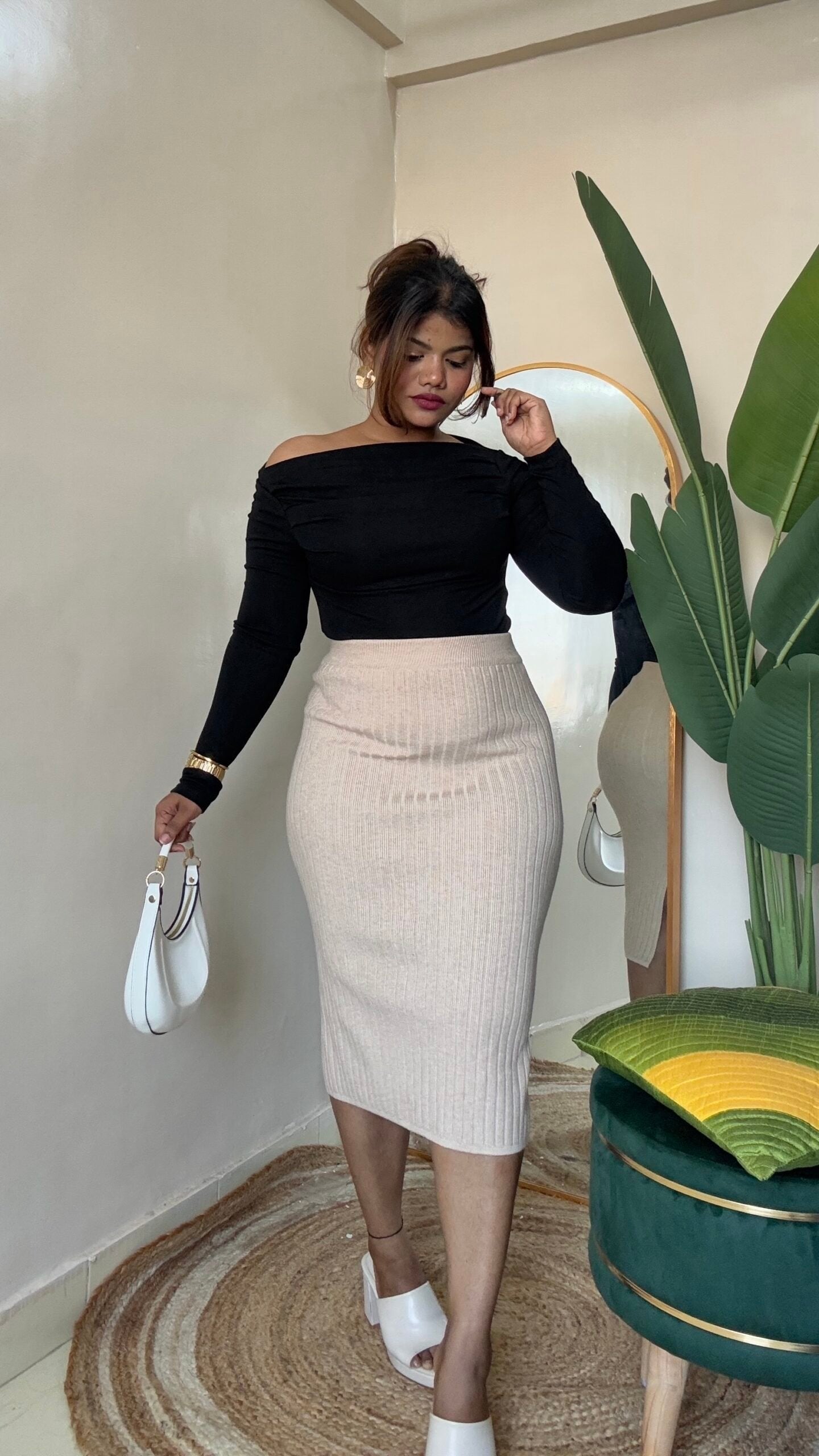 Black Top With Beige Ribbed Bodycon Skirt