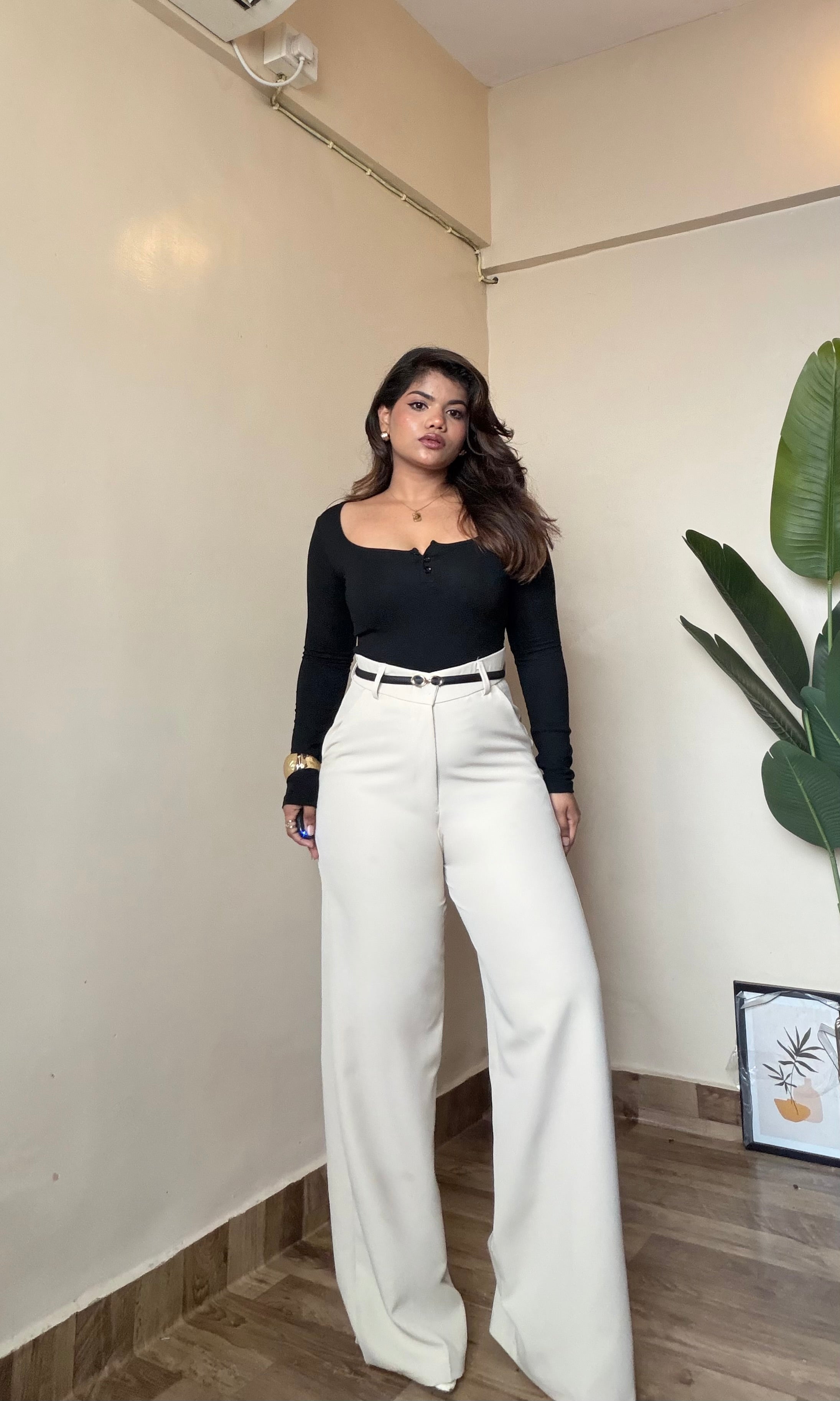 Beige High Waist Trouser With Belt