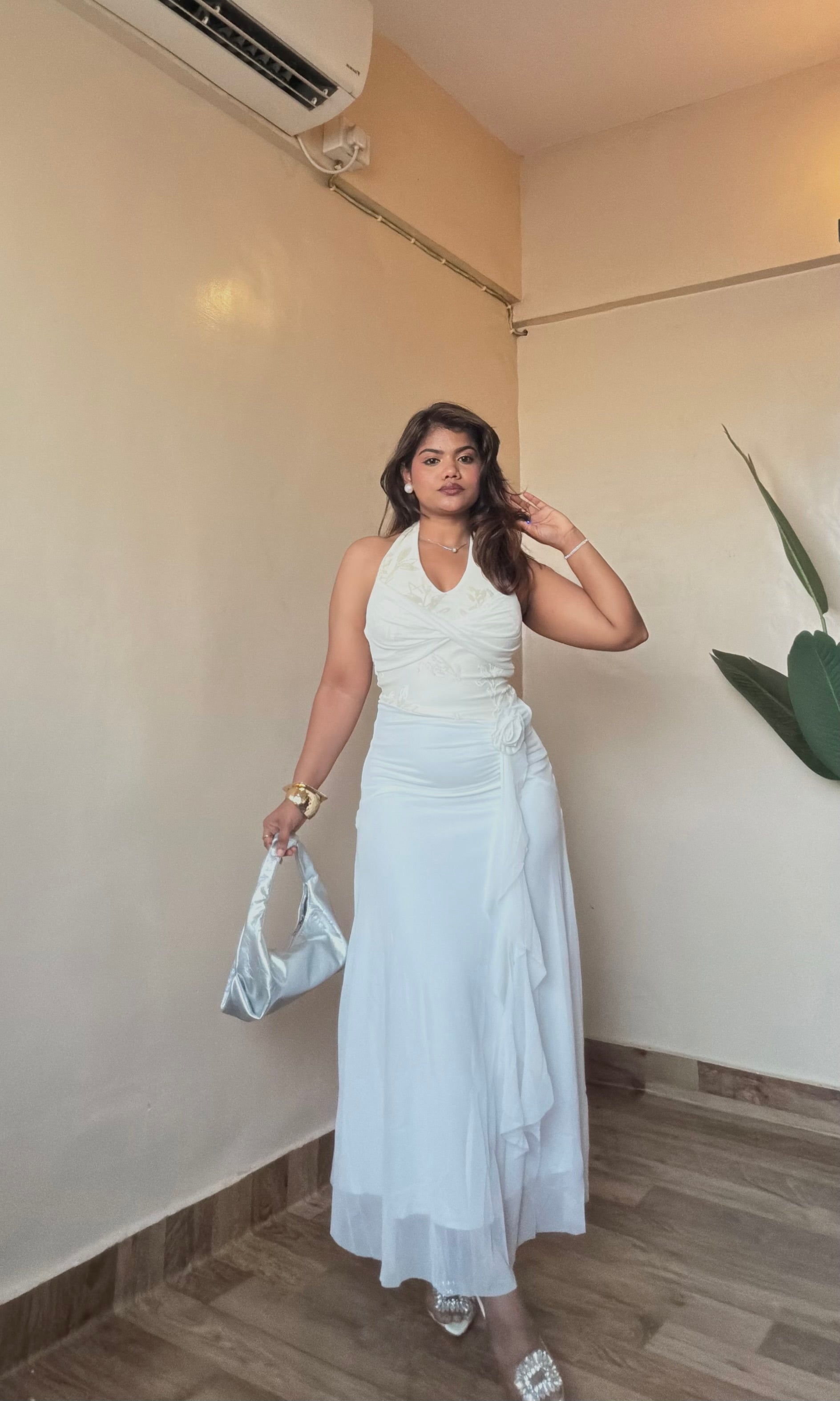 Ruched V Halter Neck Mesh Dress