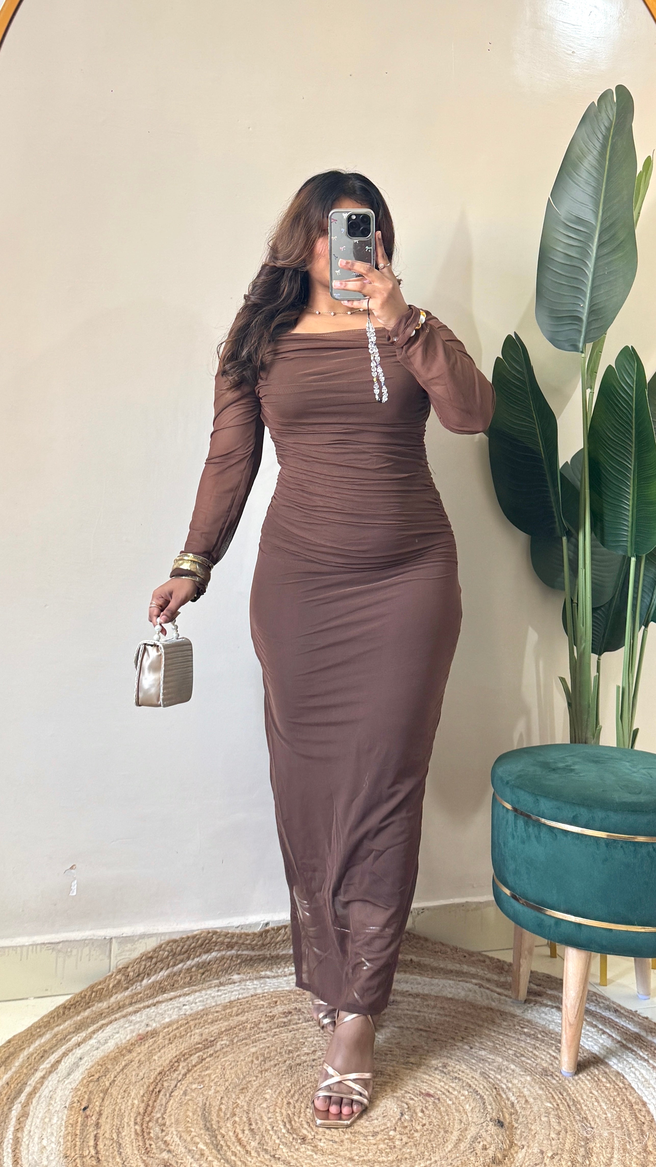 Brown Slit Cut Mesh Dress