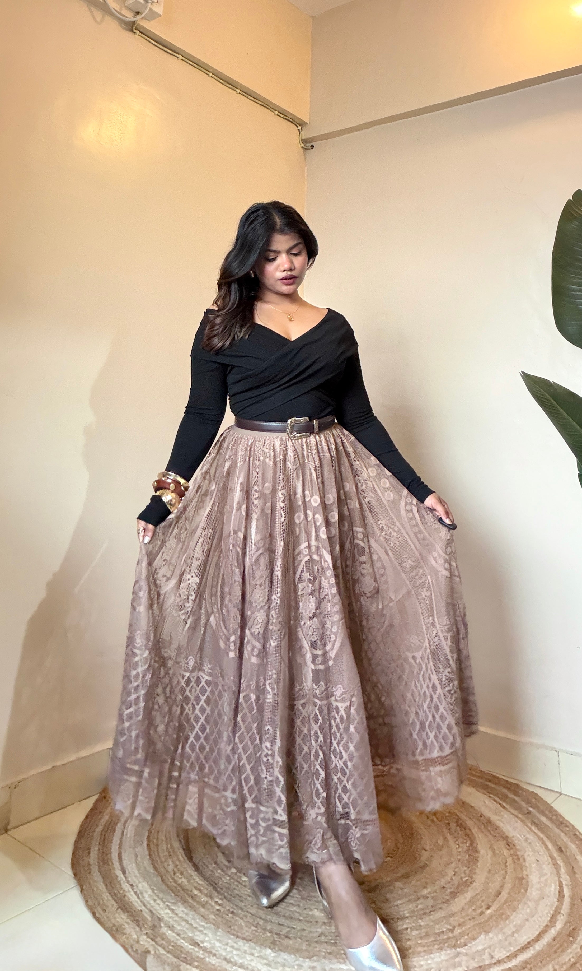 Brown Statement Lace Skirt