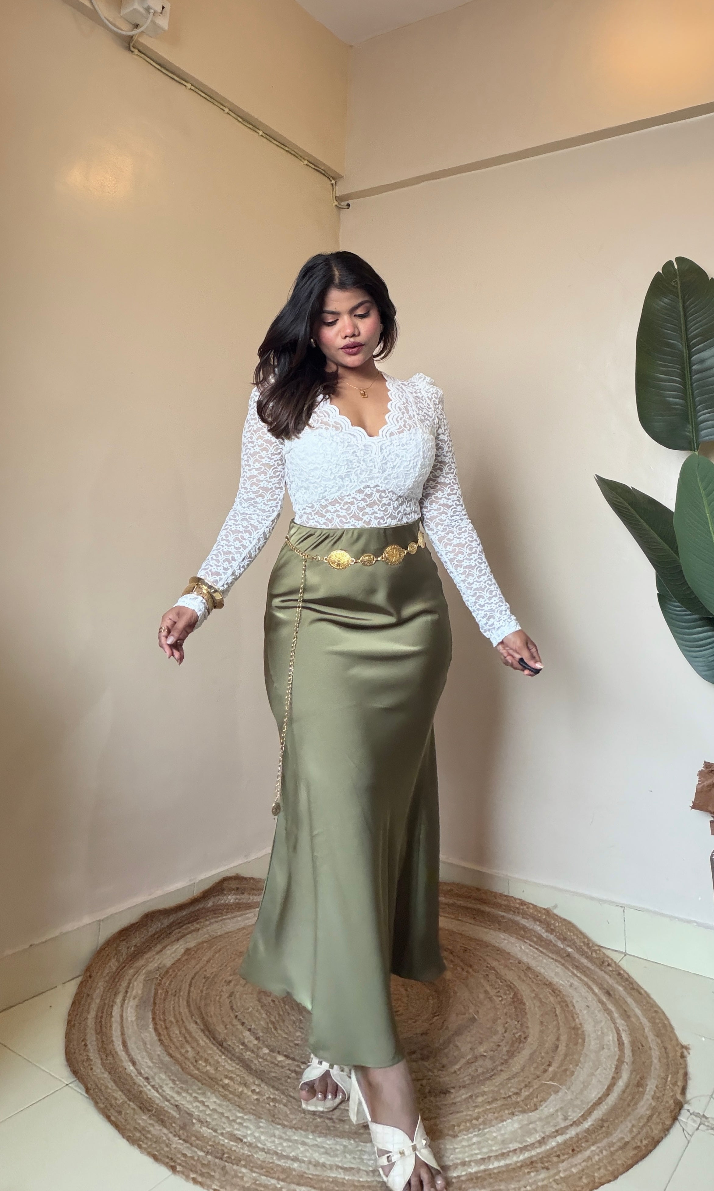 Bestseller Premium Olive Green Satin Skirt