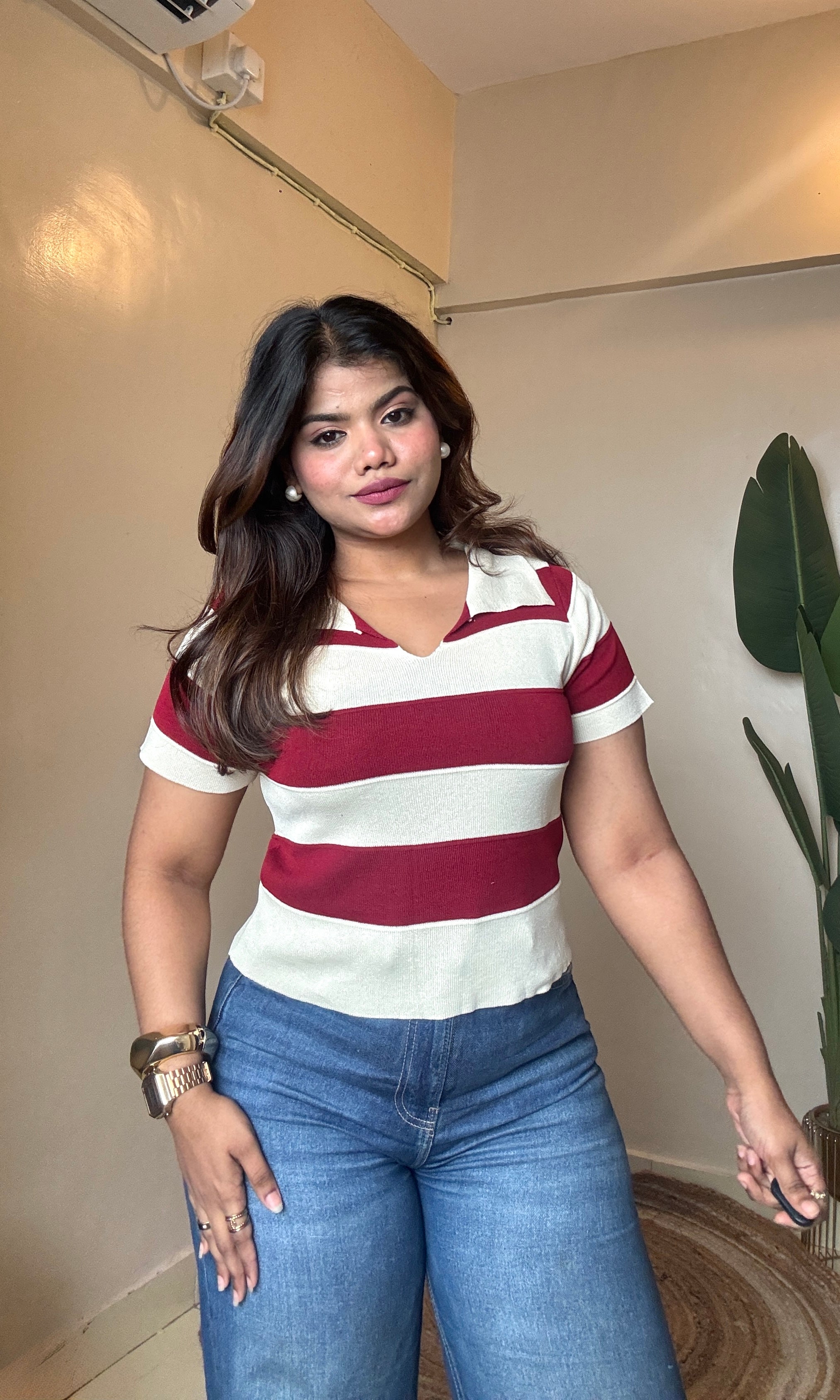Striped Collar Neck Half Sleeve Top