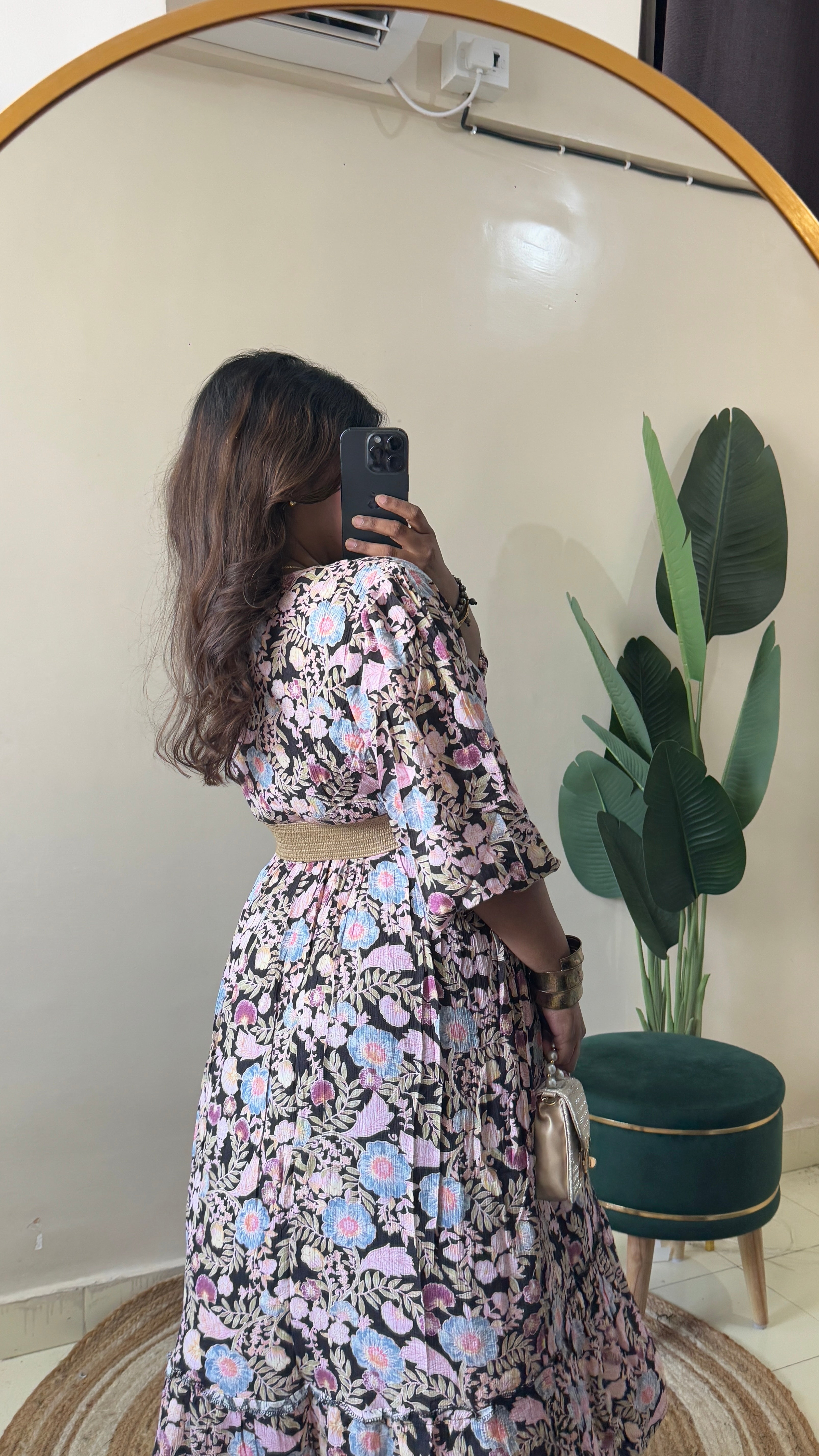 Floral Printed Puffy Sleeves Dress With Belt