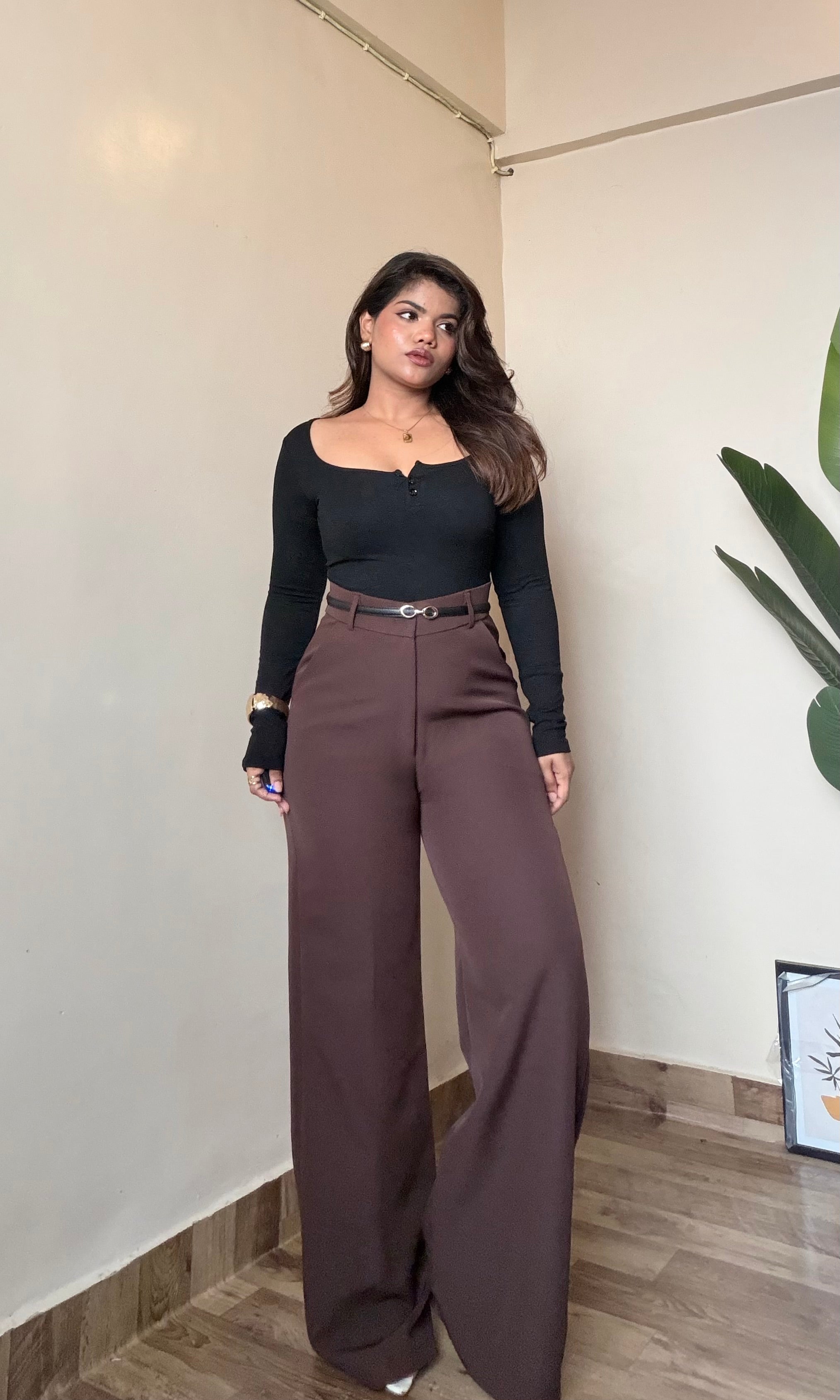 Brown High Waist Trouser With Belt