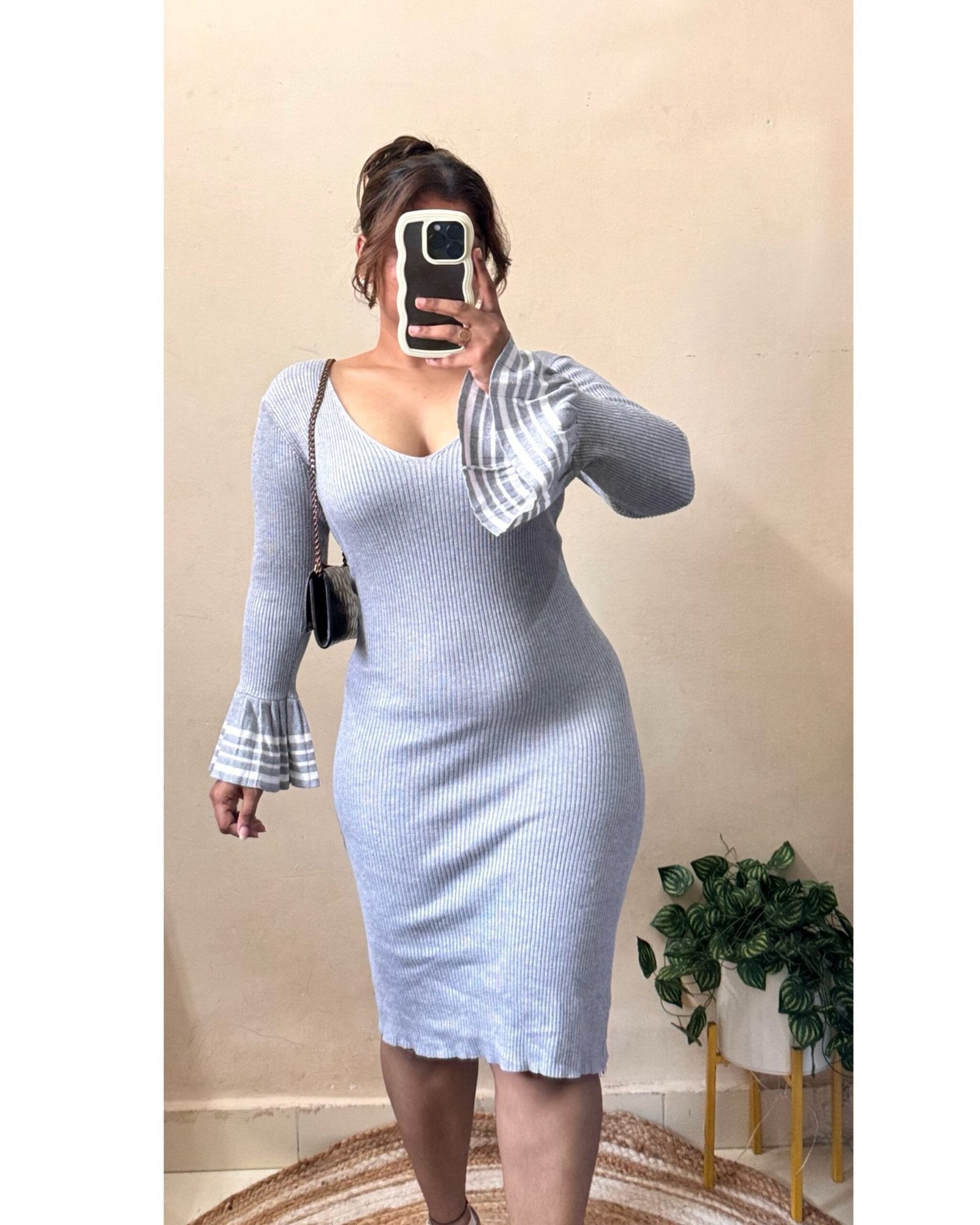 Grey Bodycon Frill Sleeve Dress