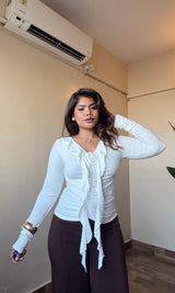 Ruffle V Neck Ruched Rose Detailing Top #9929