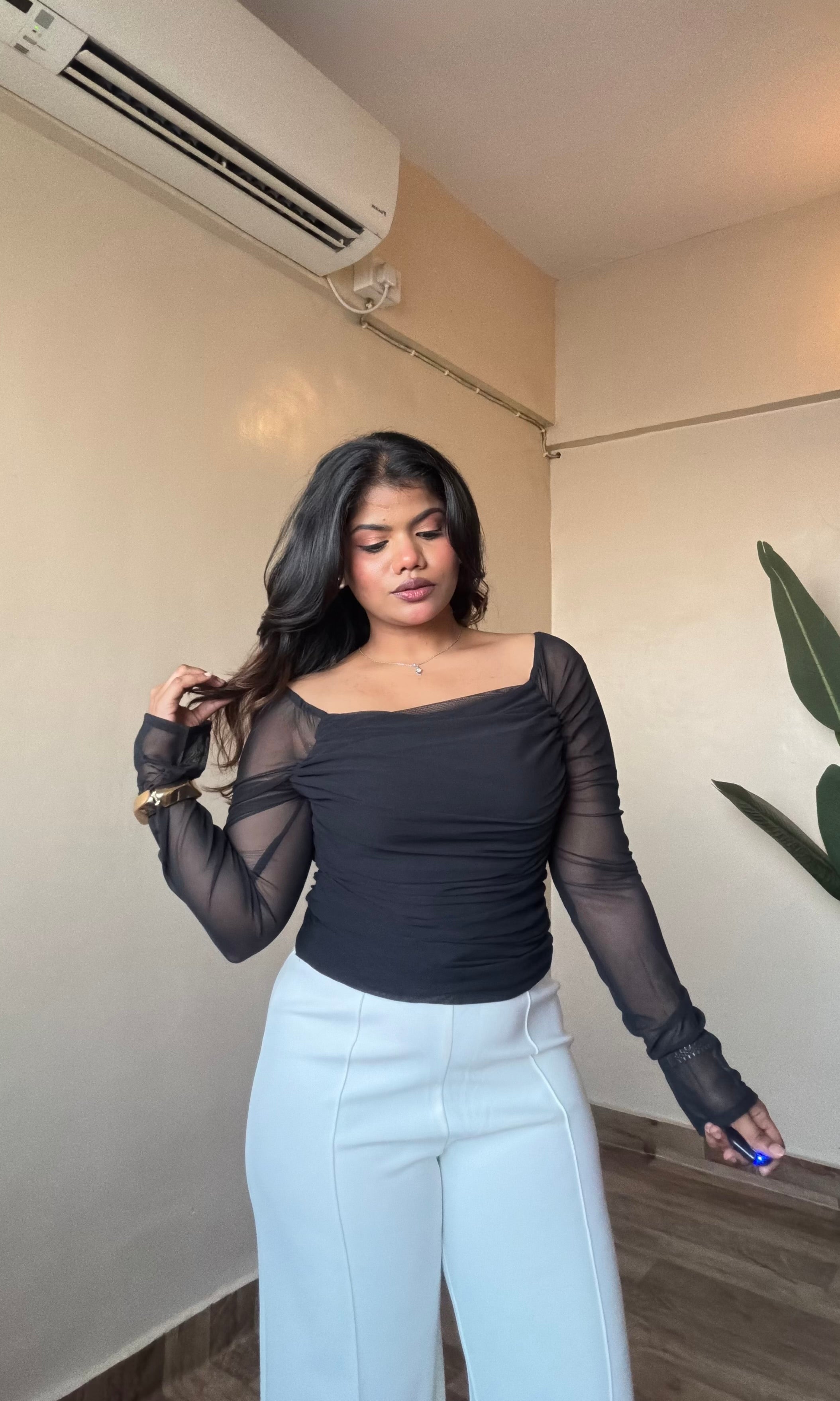 Square-Neck Ruched Mesh Top