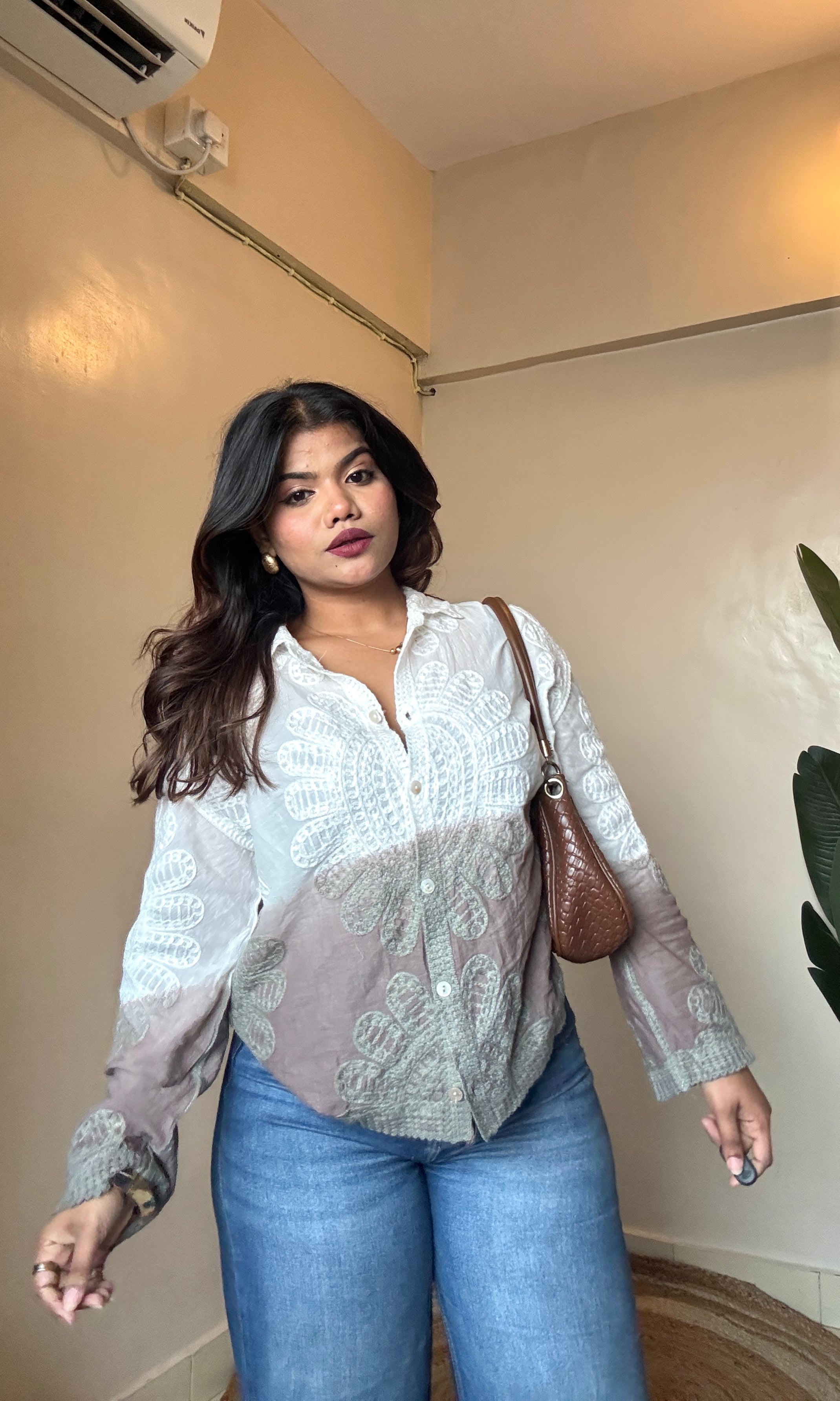Greyish Brown Embroidery Cotton Ombre Shirt