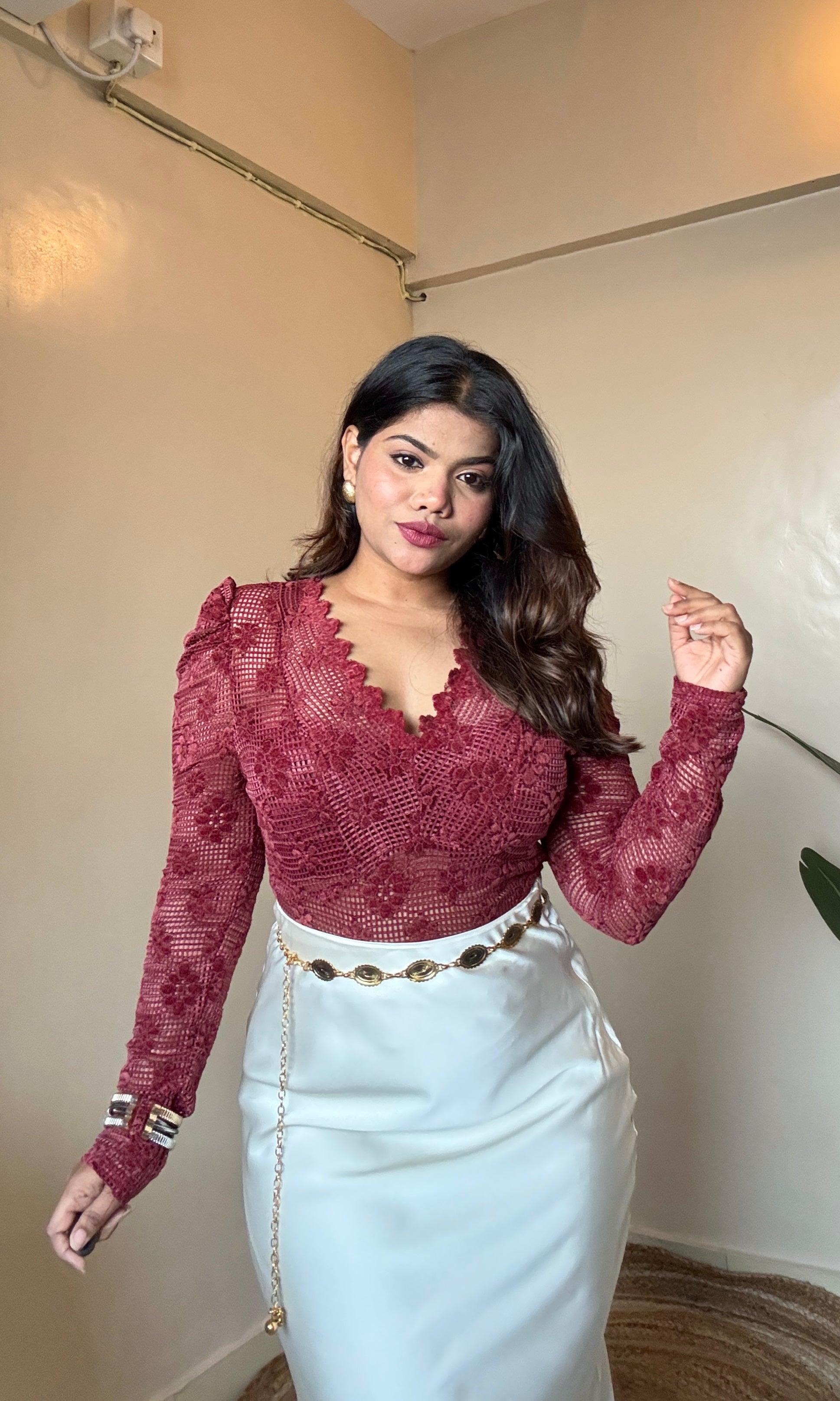 Floral Velvet V Neck Lacework Top