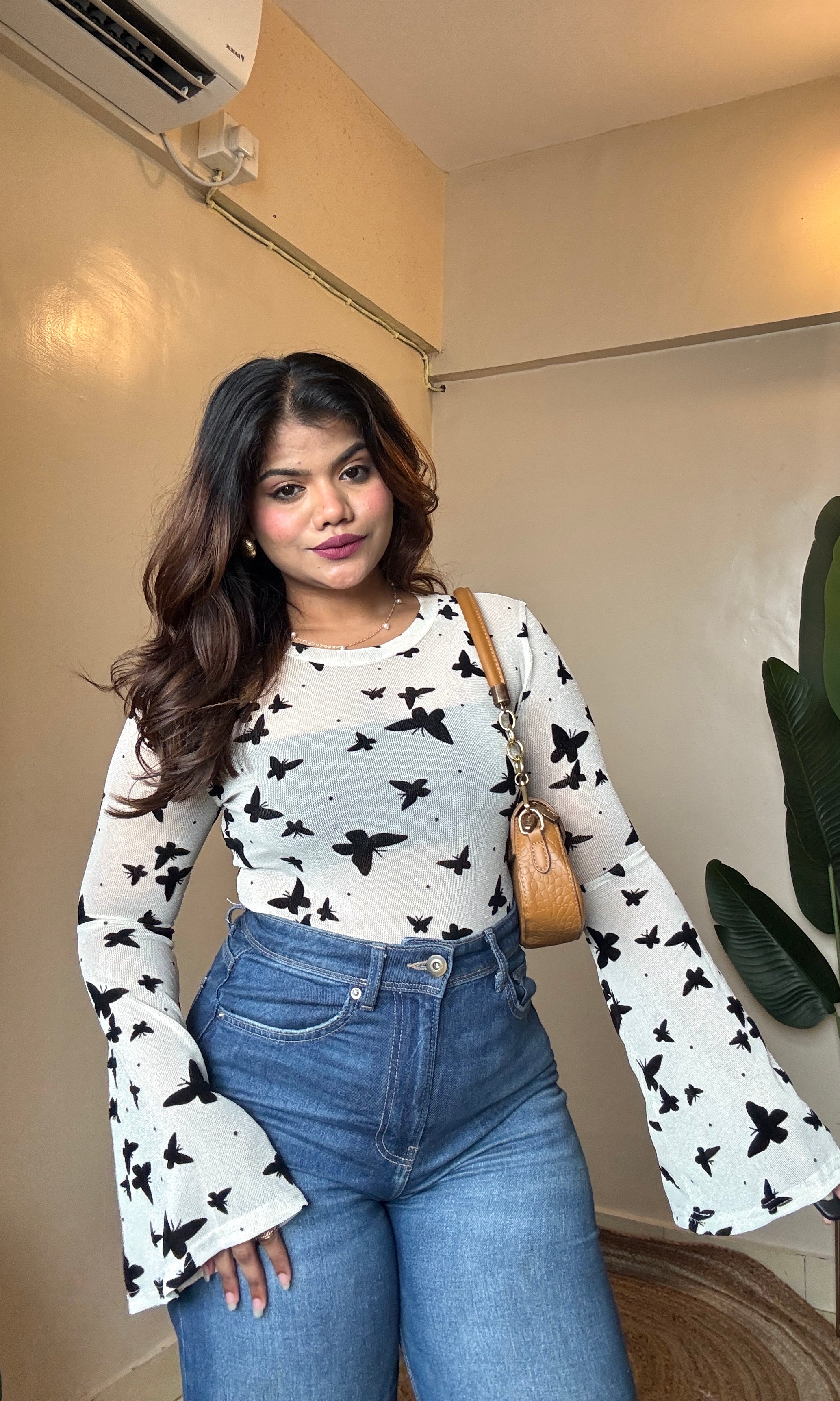 Butterfly Shimmery Bell Sleeve Mesh Top