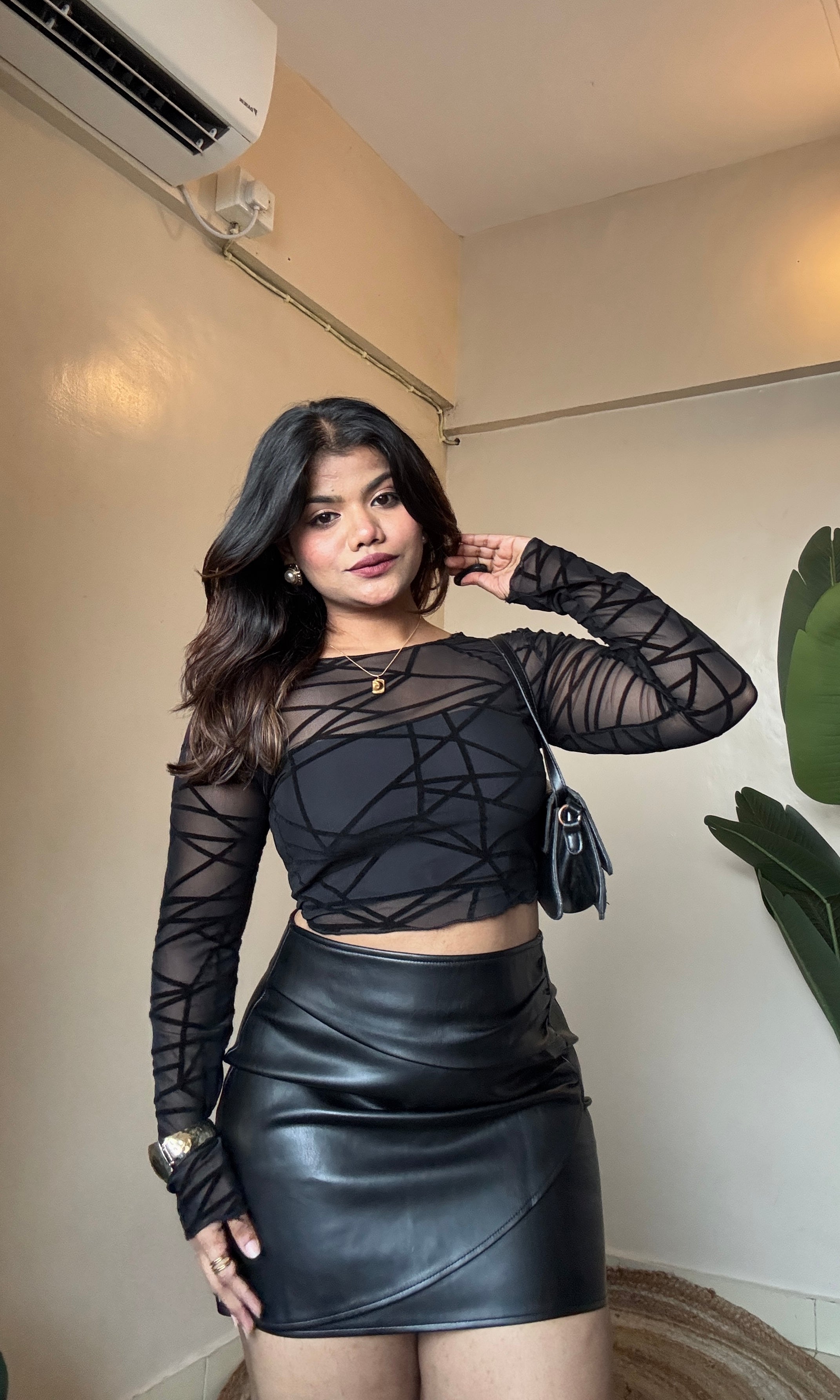 Black Velvet Print Sheer Mesh Top With Inner