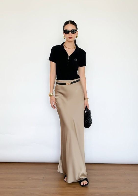 Premium Beige Taupe Satin Skirt