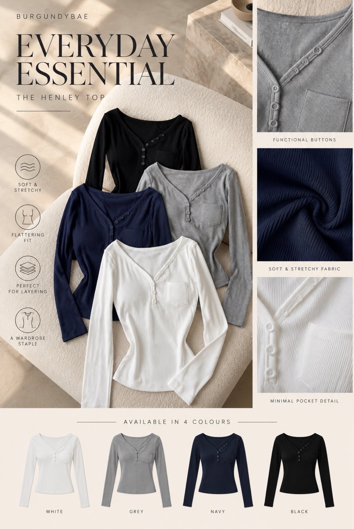 Henley Top In-Built Padded