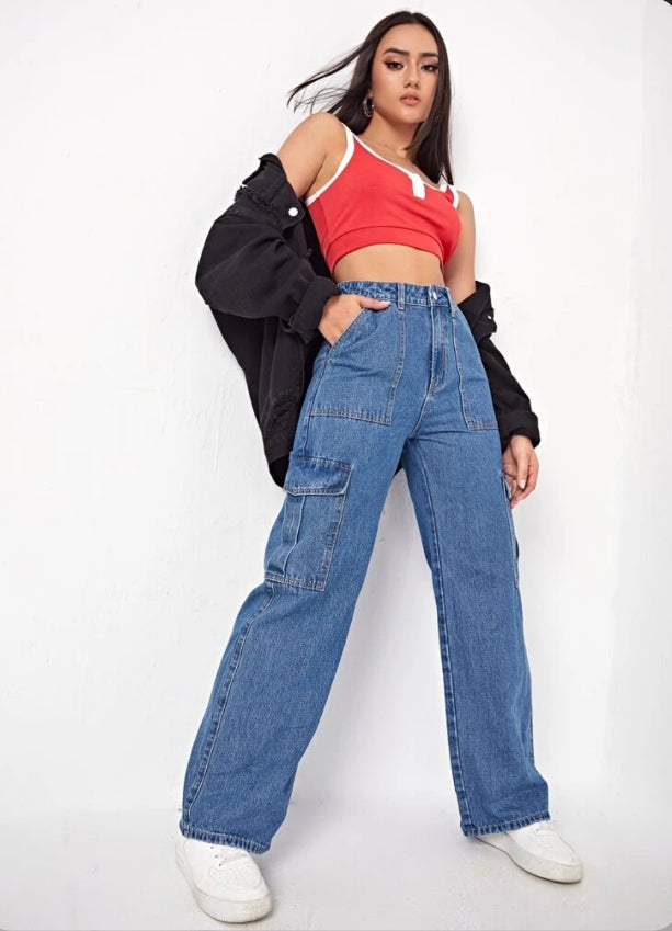Highwaist Stone Blue Cargo Denim