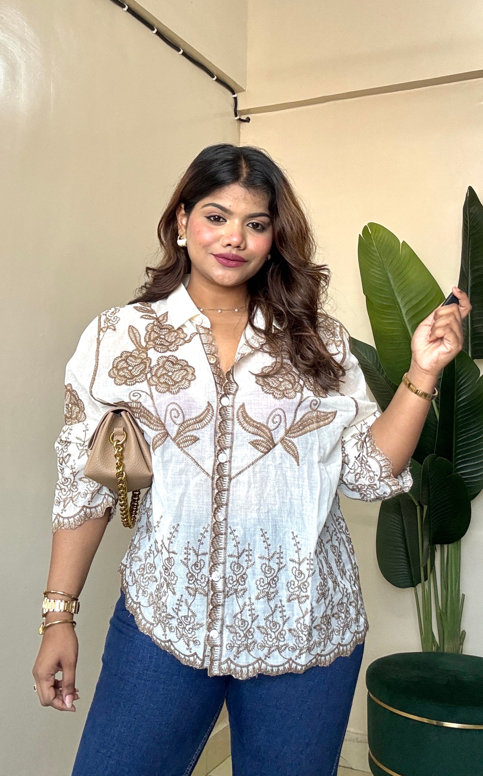 Beige Rose Embroidery Khadi Shirt (Free Size: 34-40 Bust)