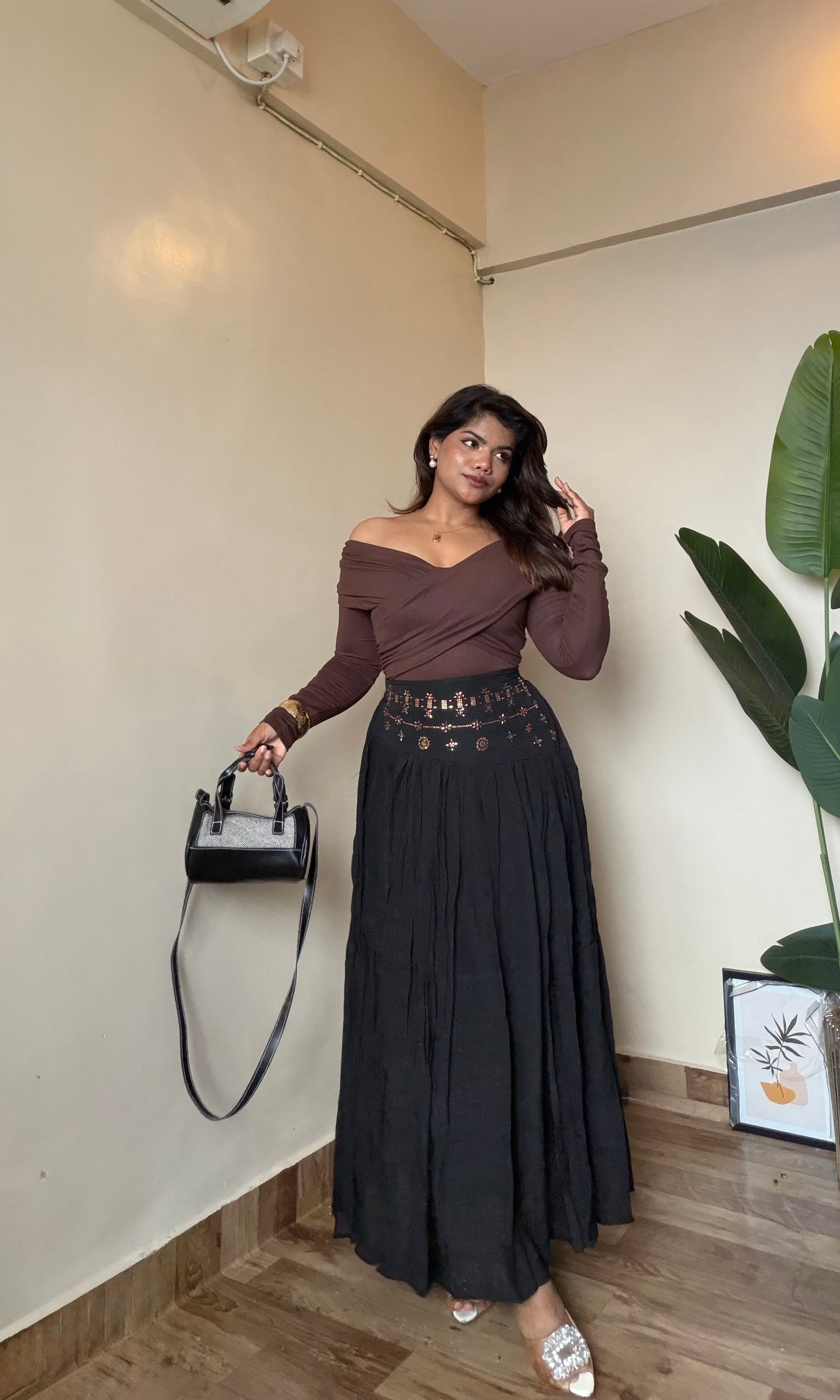 Embroidered Work Linen Maxi-Skirt