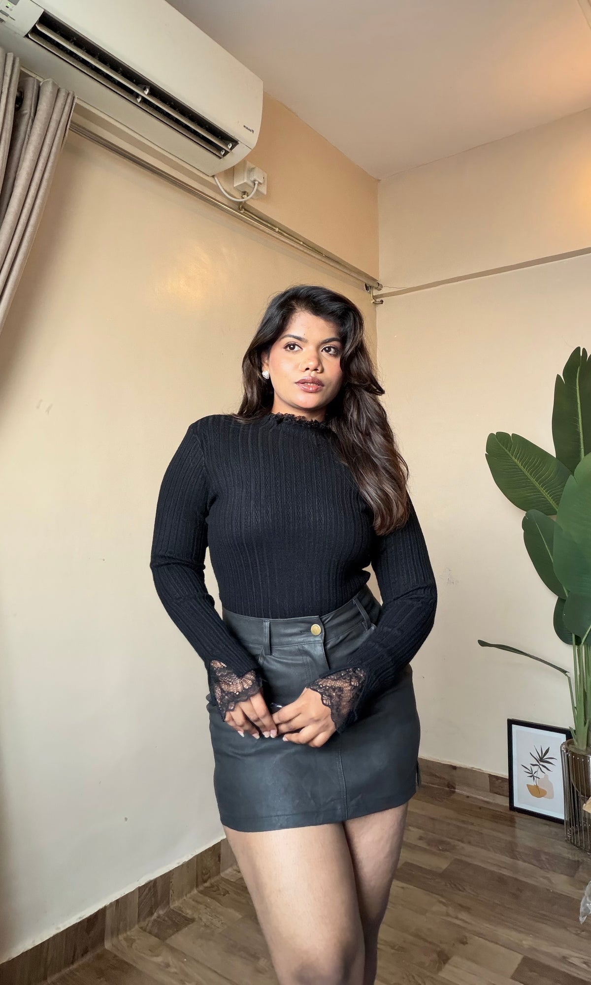 Ribbed Mock Neck Top With Lace Sleeves