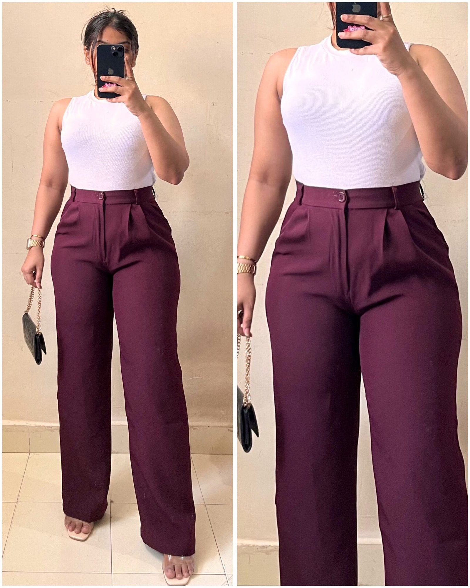 Korean Plated Maroon High Waist Trouser