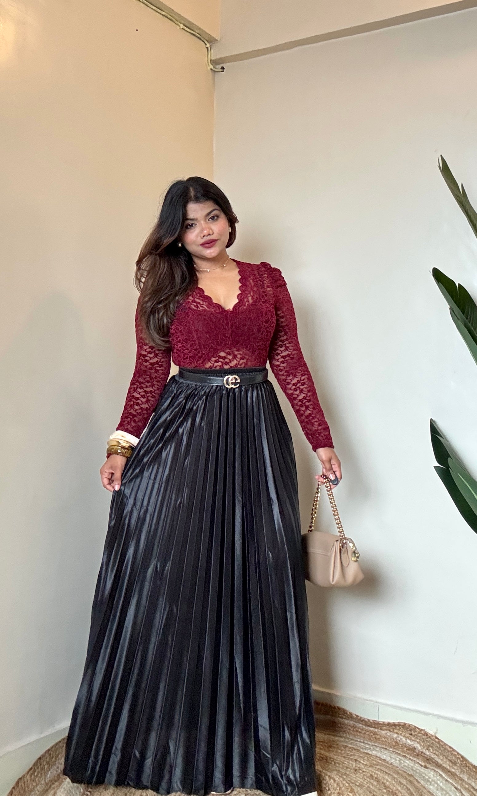 Premium Brown Satin Pleated Skirt