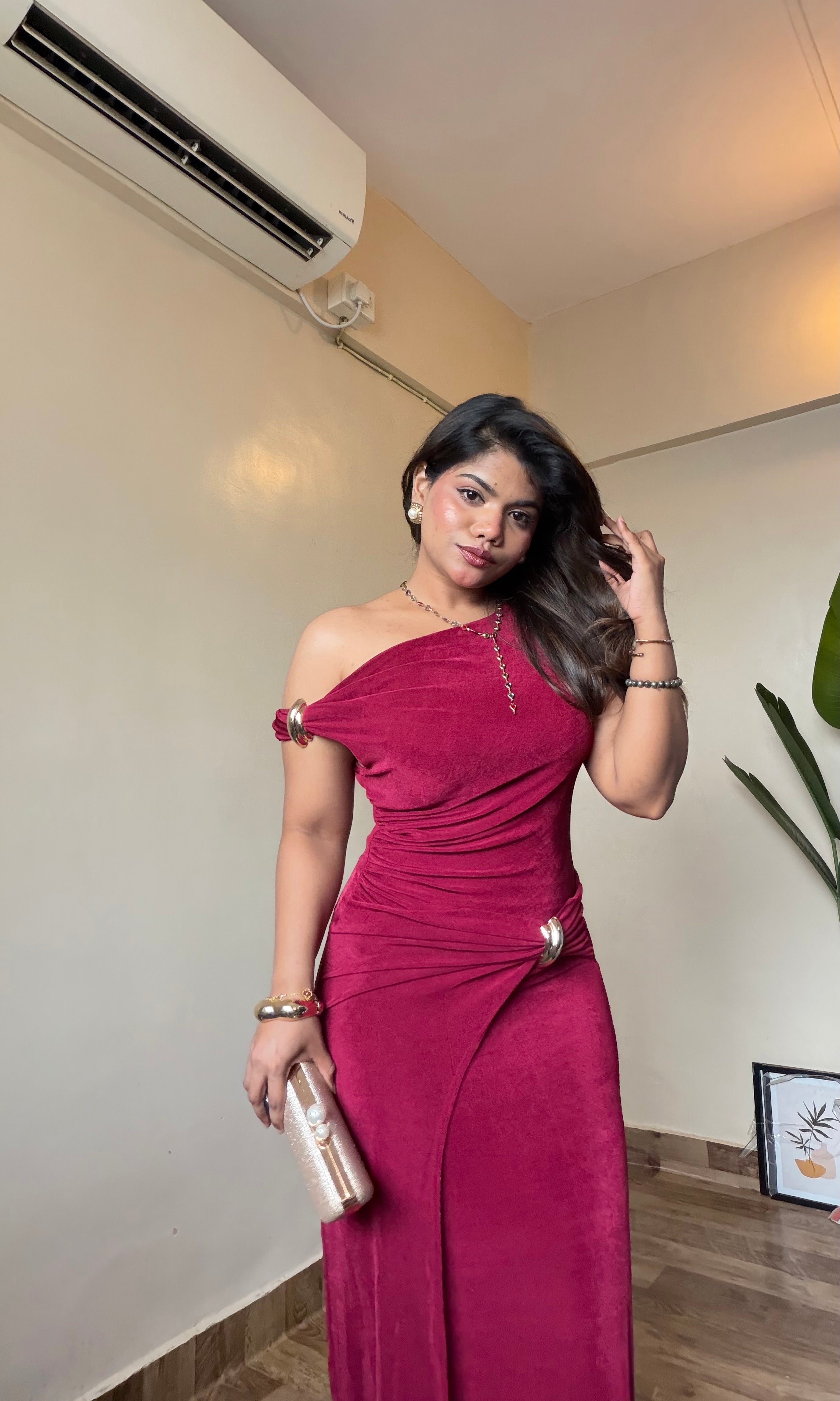 Red One Shoulder Draped Ruched Dress