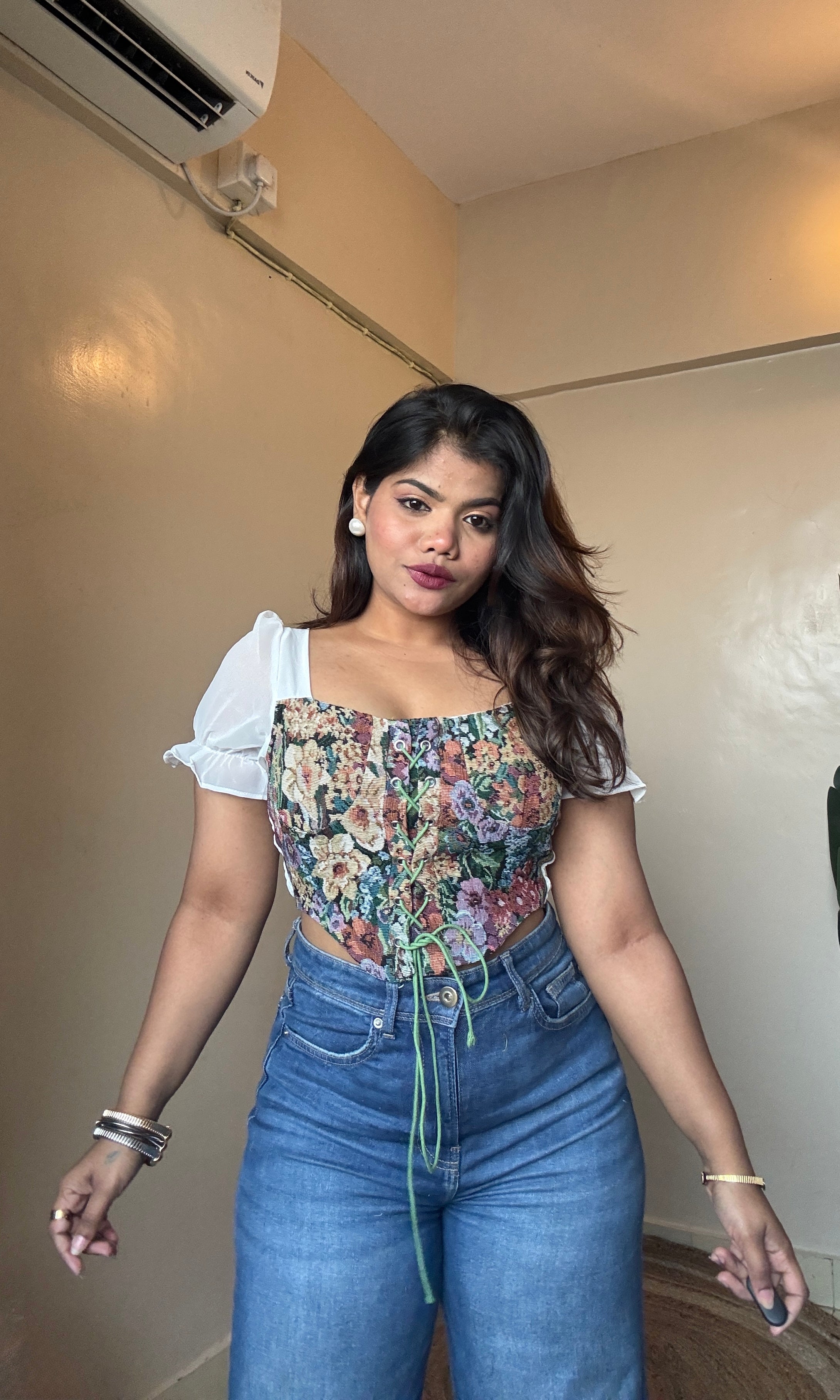 Retro Floral Corset With Puff Sleeve