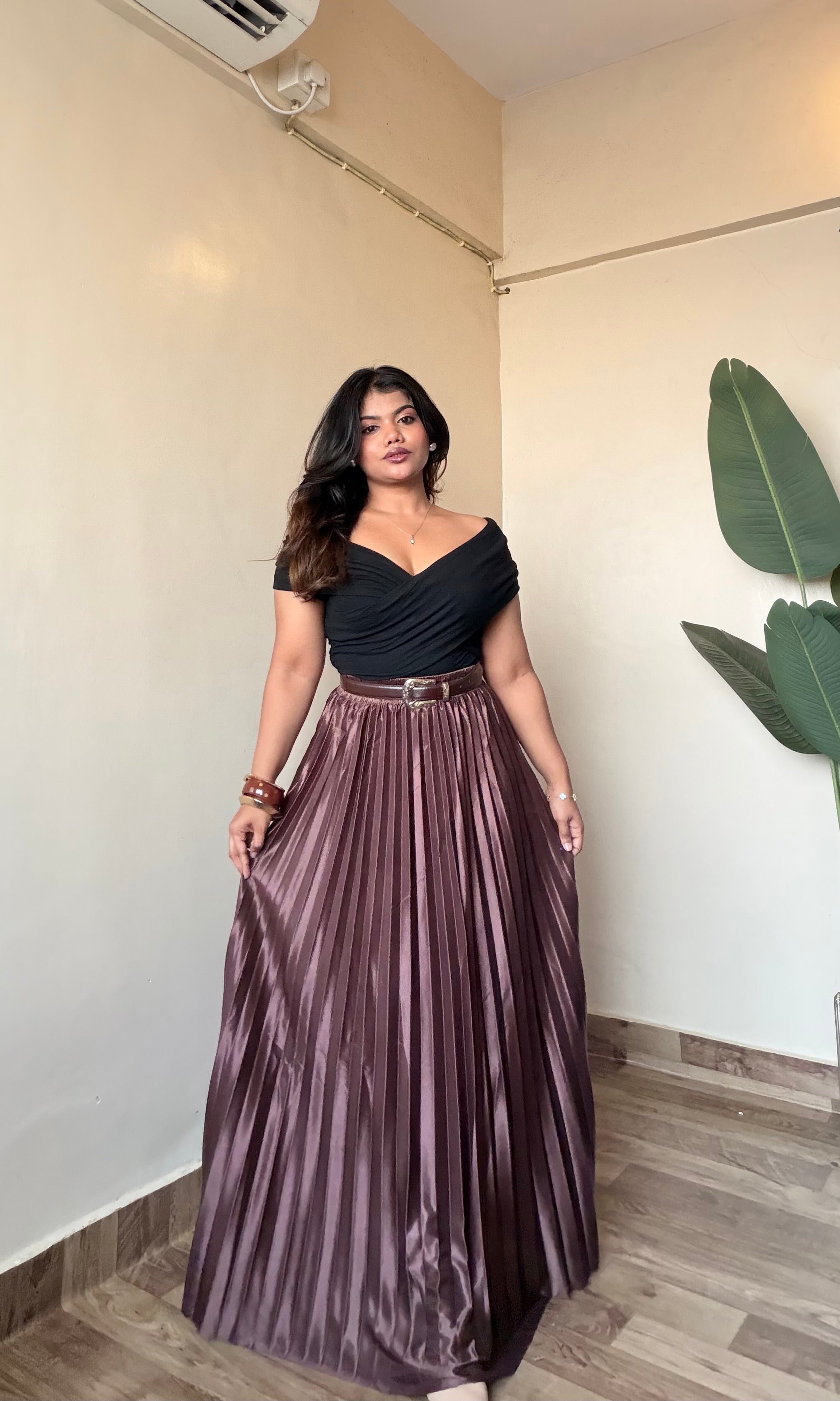 Premium Brown Satin Pleated Skirt