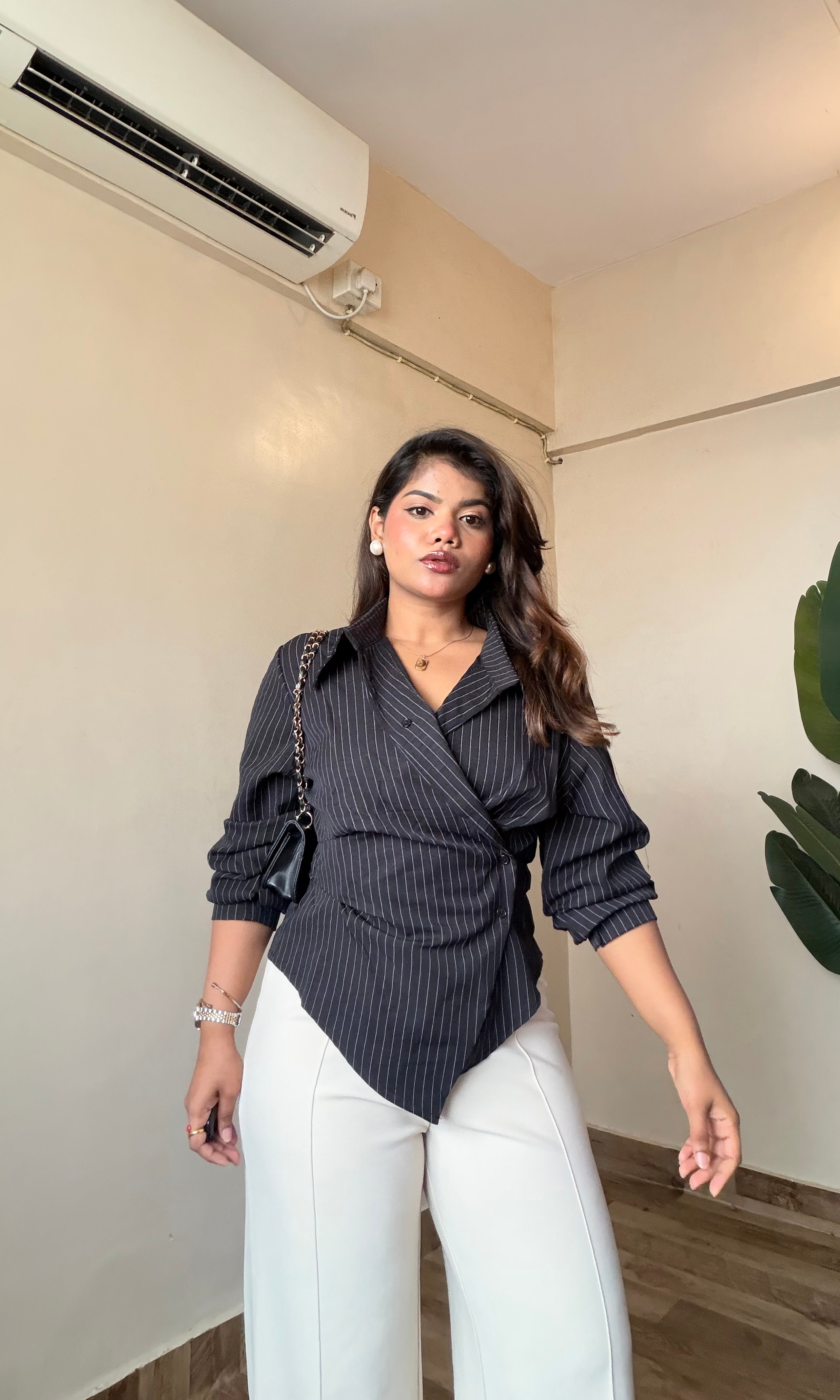 Black Side Wrap Snatched Striped Shirt