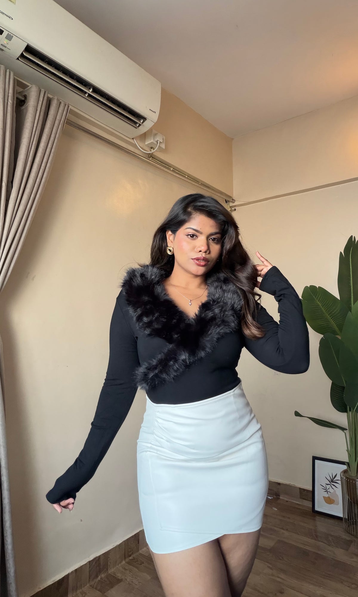 Faux Furry Trim Fitted Top