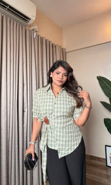 Checker Wrap Tie-Up Half Sleeve Shirt