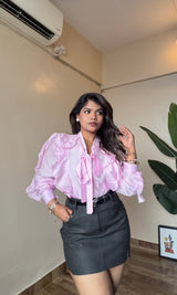 Ruffle V Neck Tie-Up Shirt