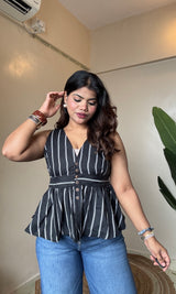 Stripe Peplum V Neck Top