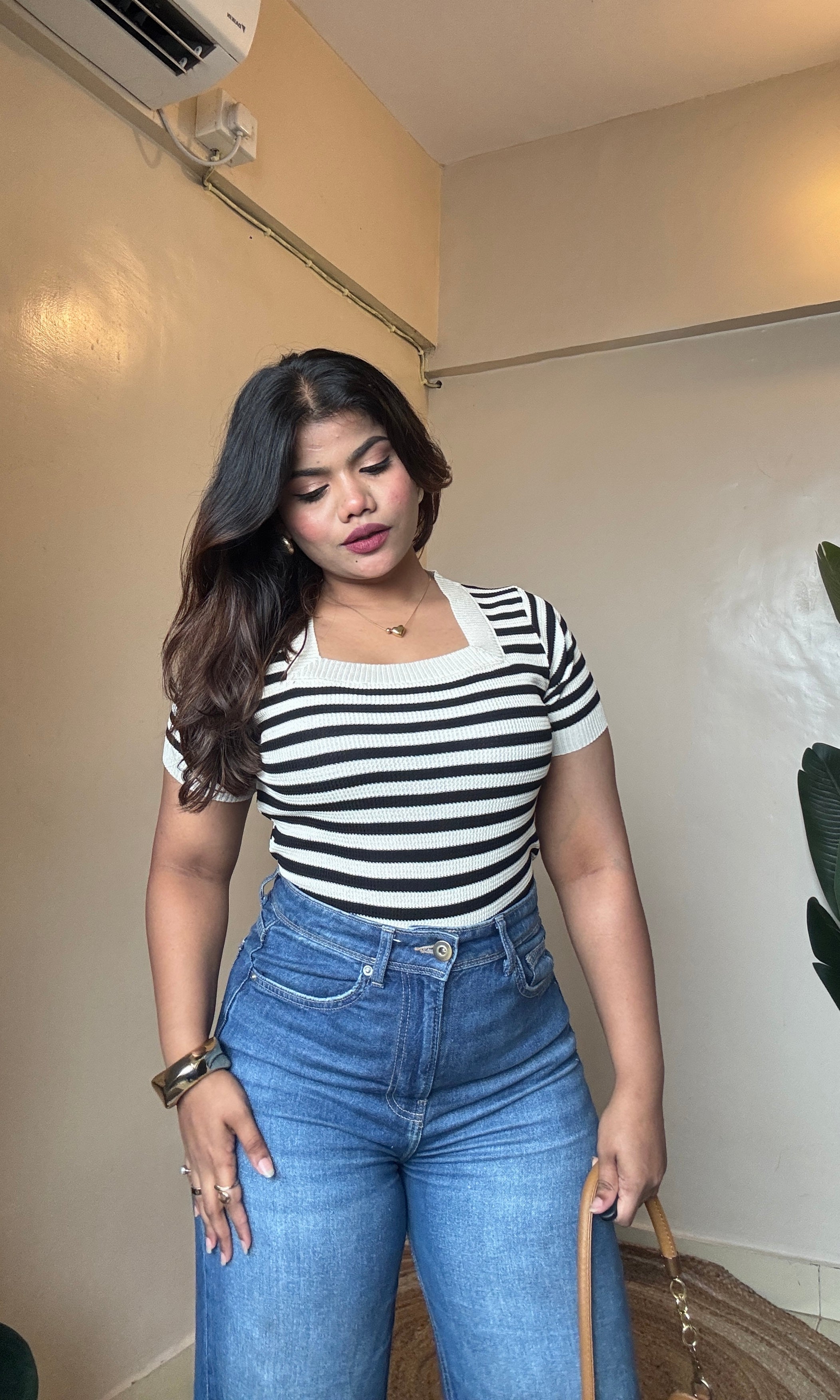 Black N White Striped Square Neck Top