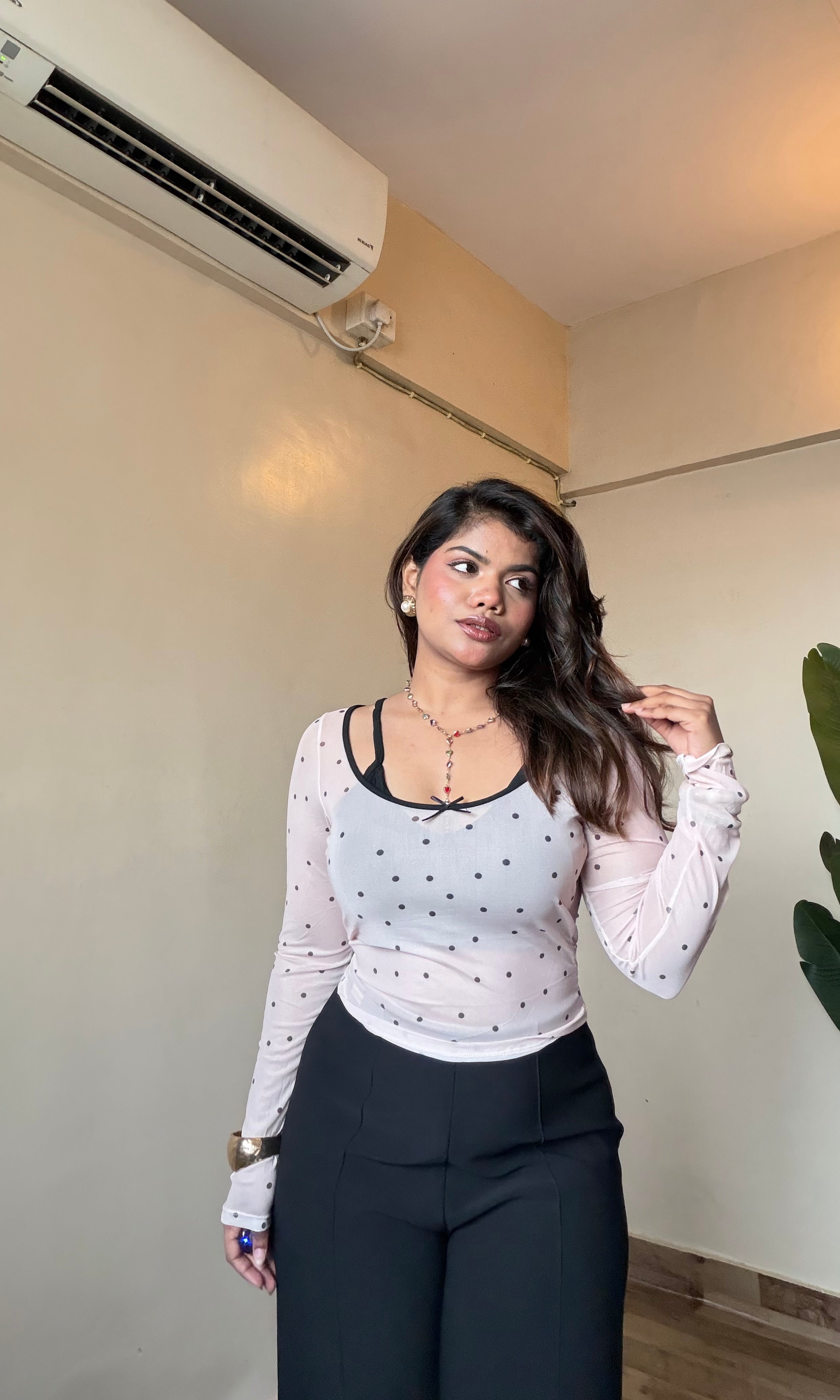 Sheer Mesh Polka Dot Top With Inner