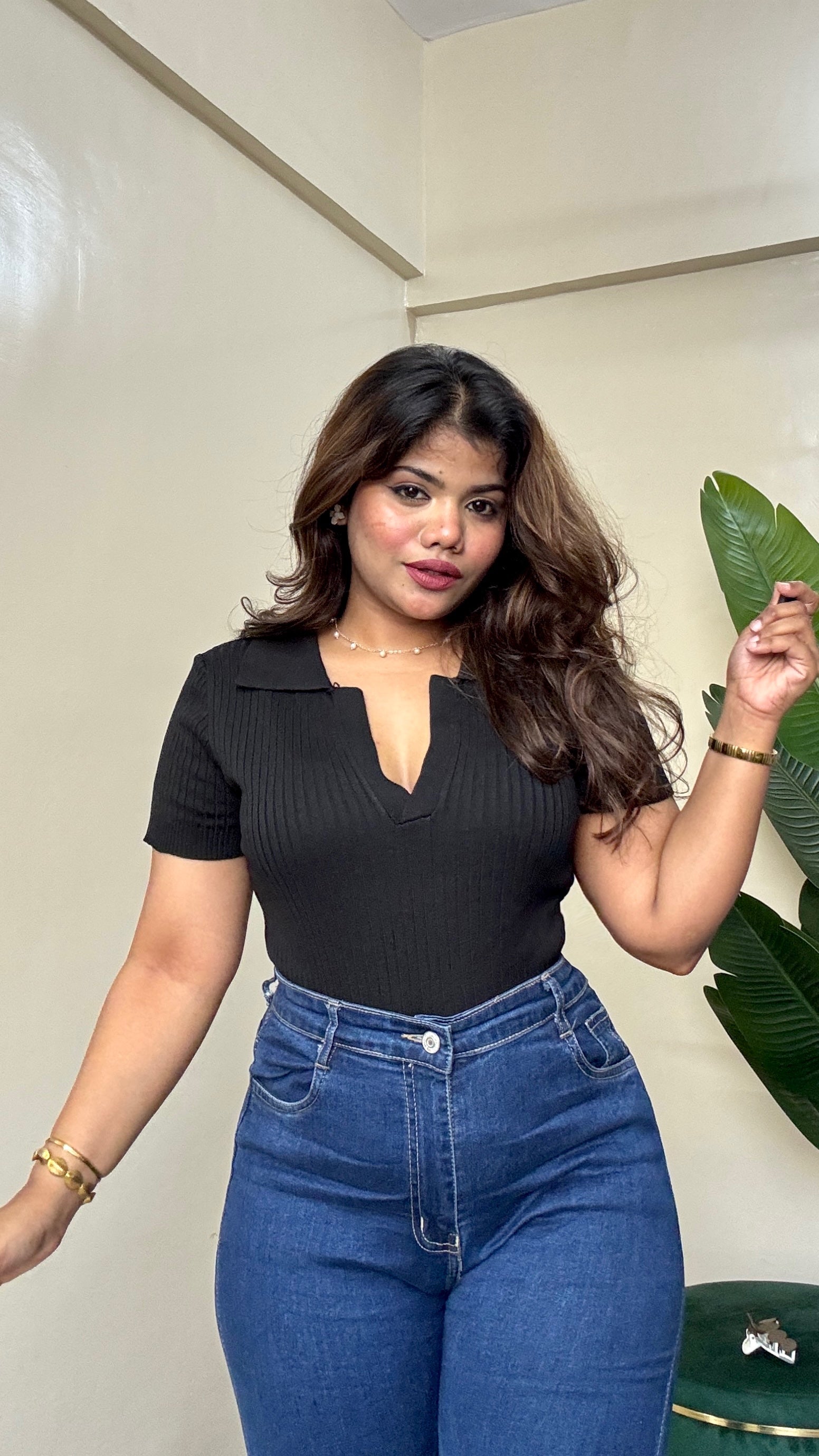 Blue V neck collar top