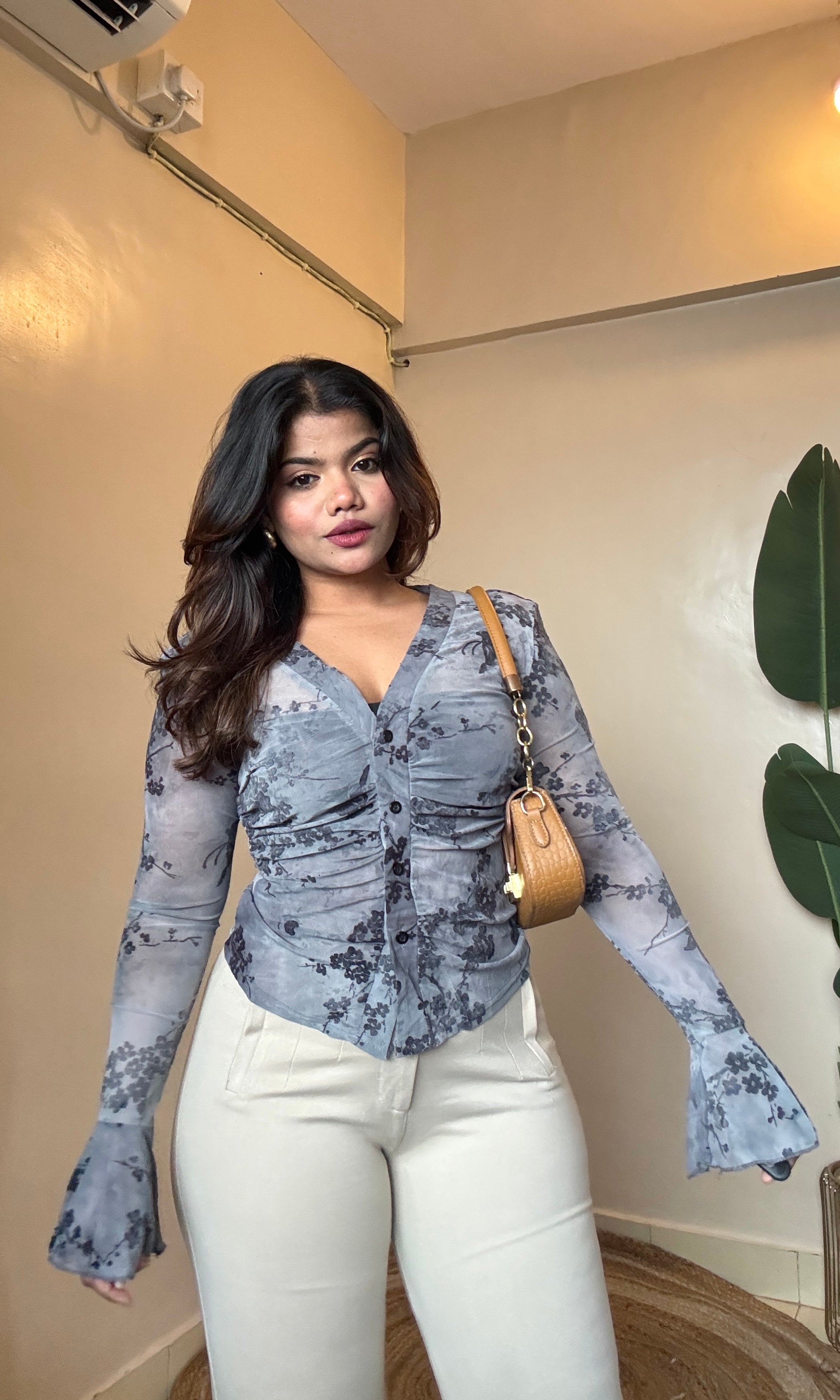 Floral Velvet Work Ruched Mesh Shirt