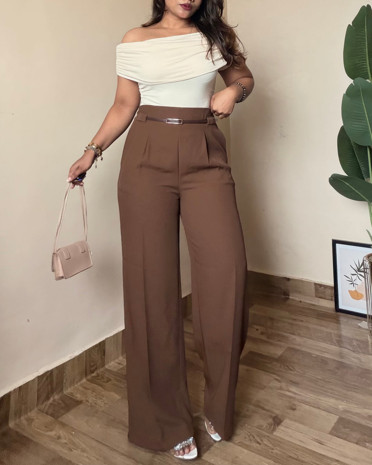 Rust Brown Straight Fit Wide Leg Trouser With Belt