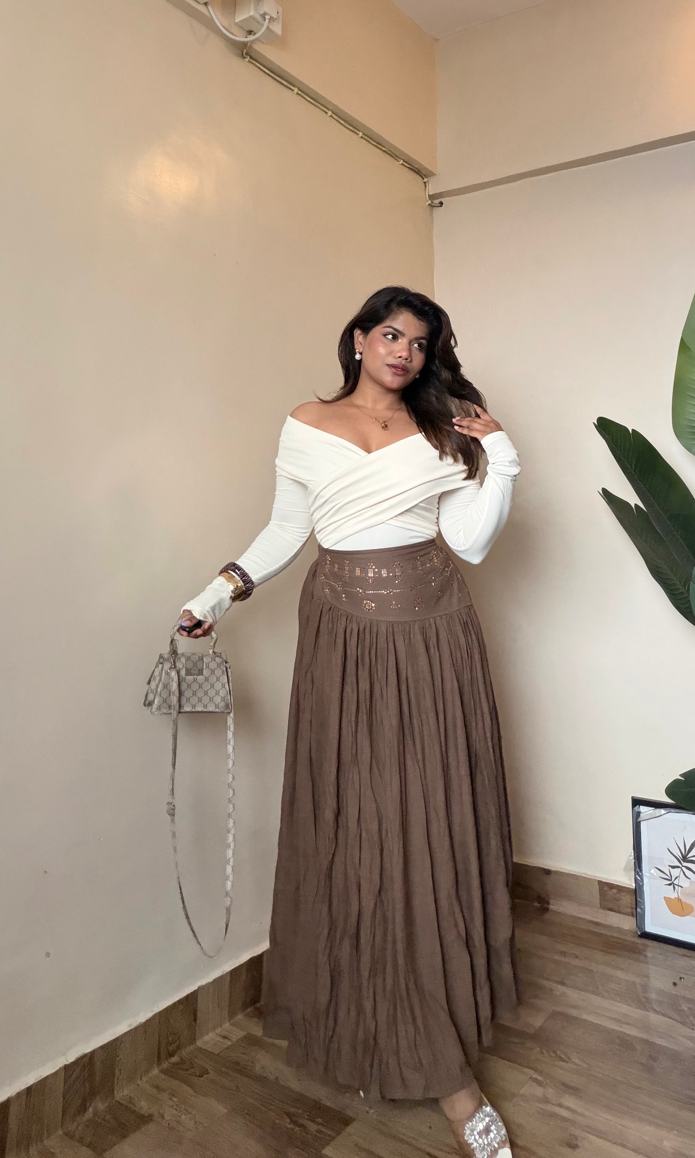 Embroidered Work Linen Maxi-Skirt