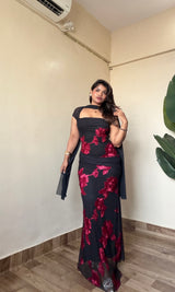 Crimson floral embroidery Dress with Scarf