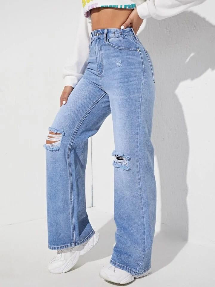 Ice Blue High Waist Ripped Wide Leg Jeans